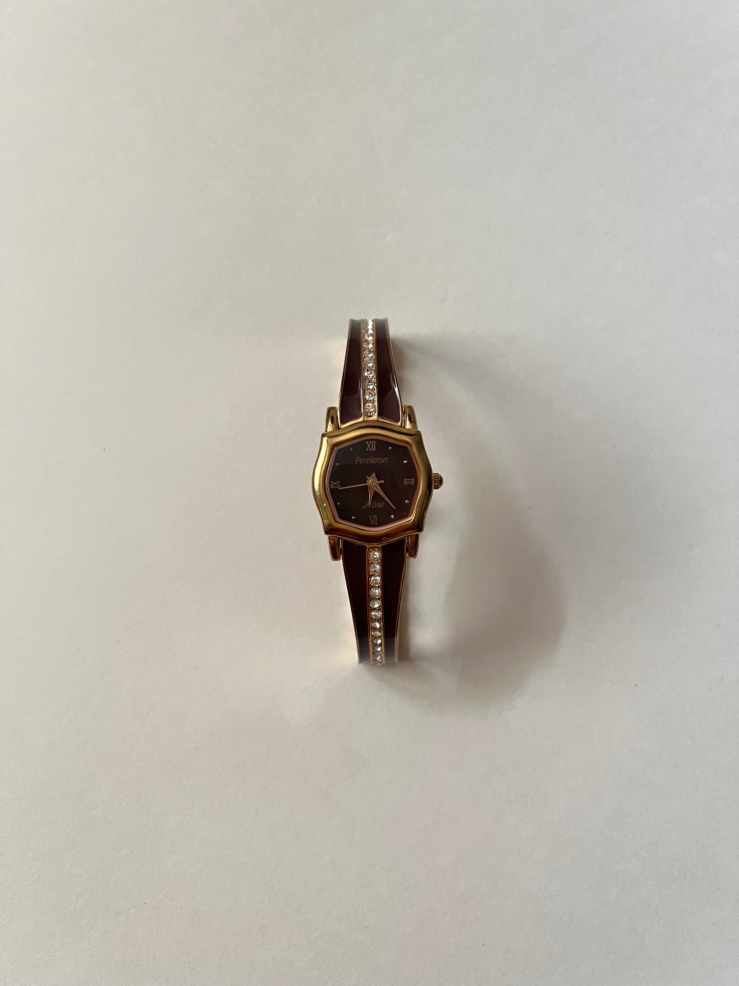 Gold Tone Half Cuff Watch with Rich Bordeaux Dial and Enameled Bracelet