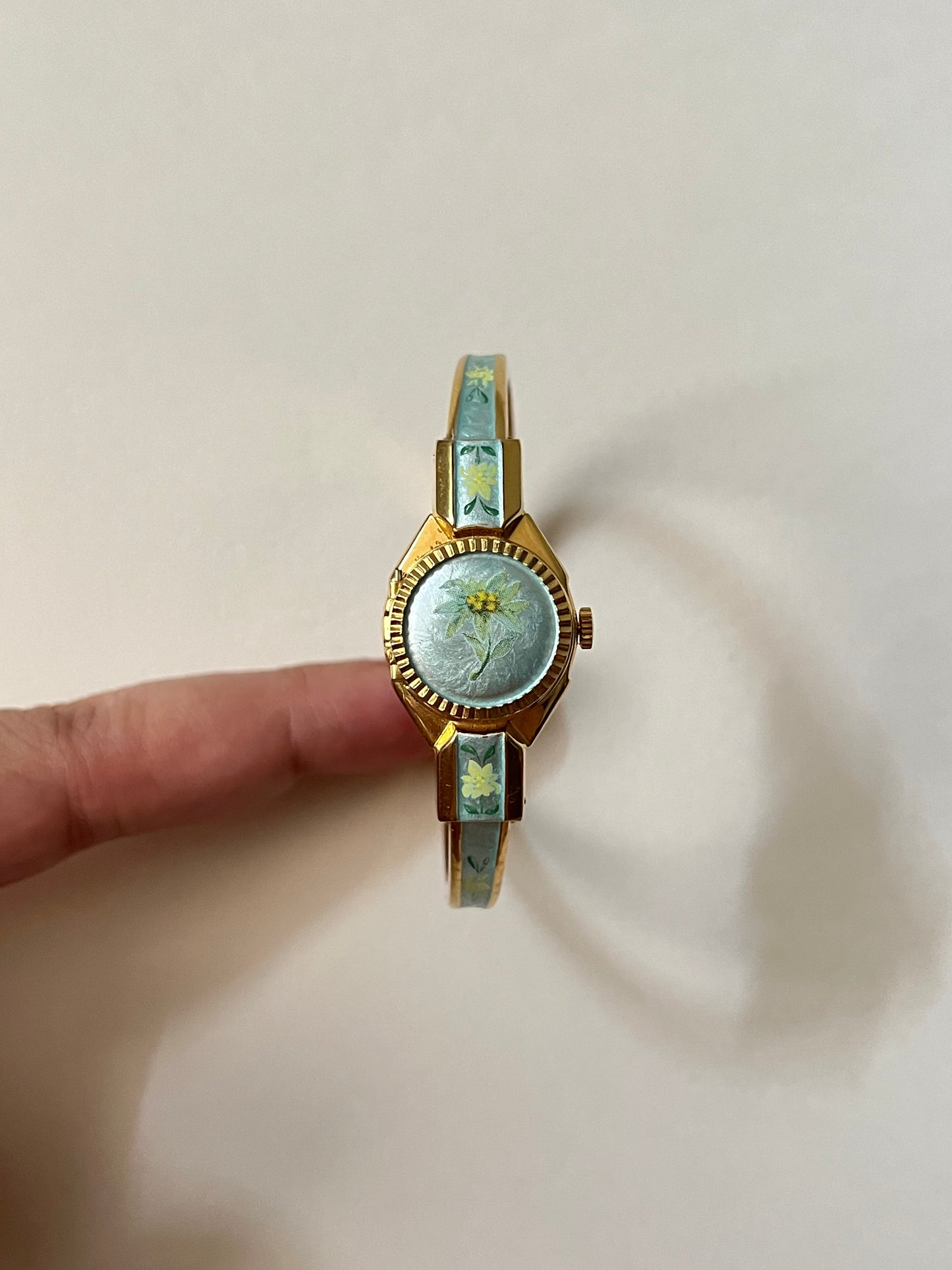 Beautiful Silver Tone Open Cuff Peekaboo Swiss Watch with Floral Green Enameled Bracelet