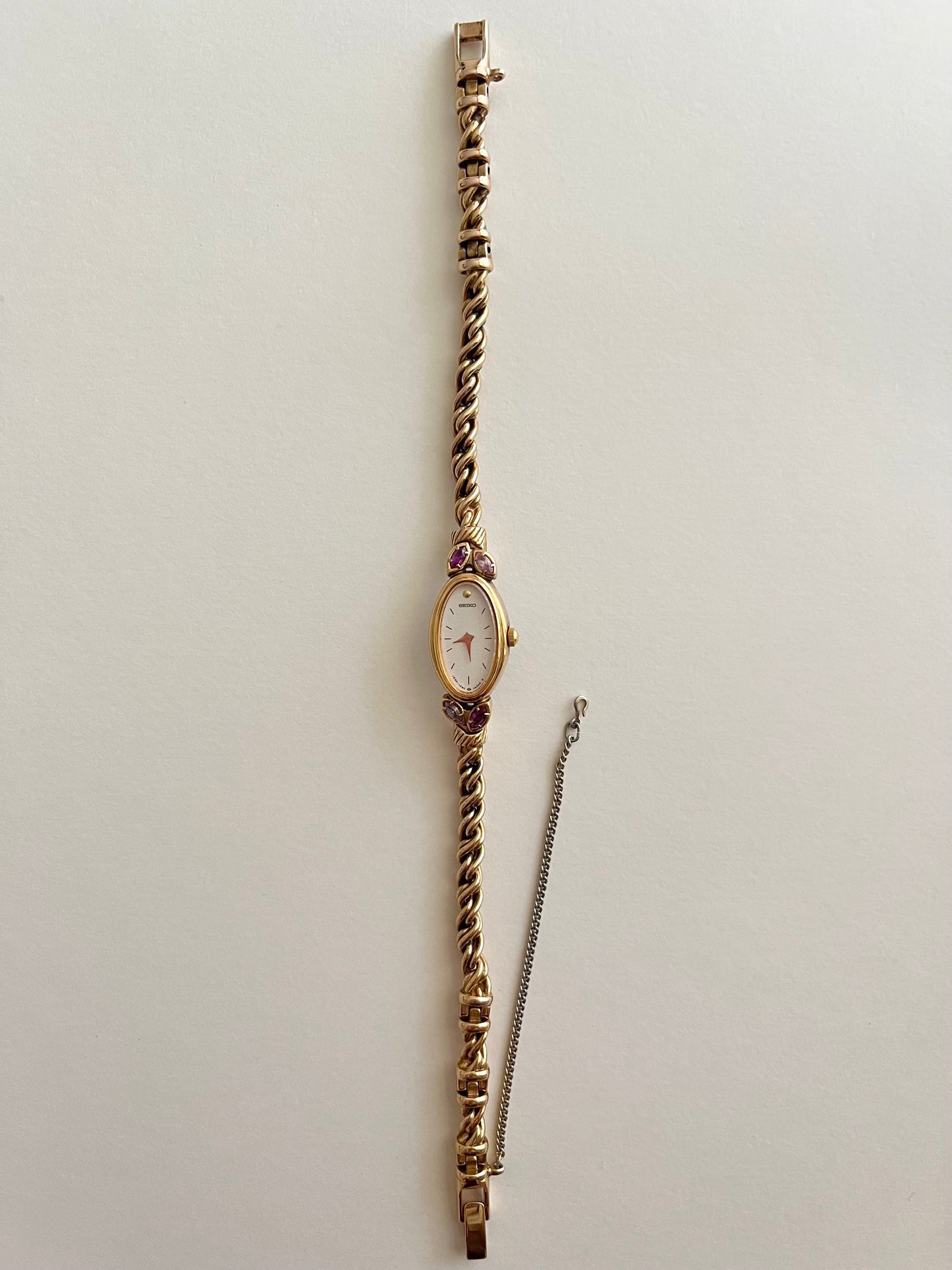 Rare Gold Tone Seiko Watch with Pink Stones and Rubies