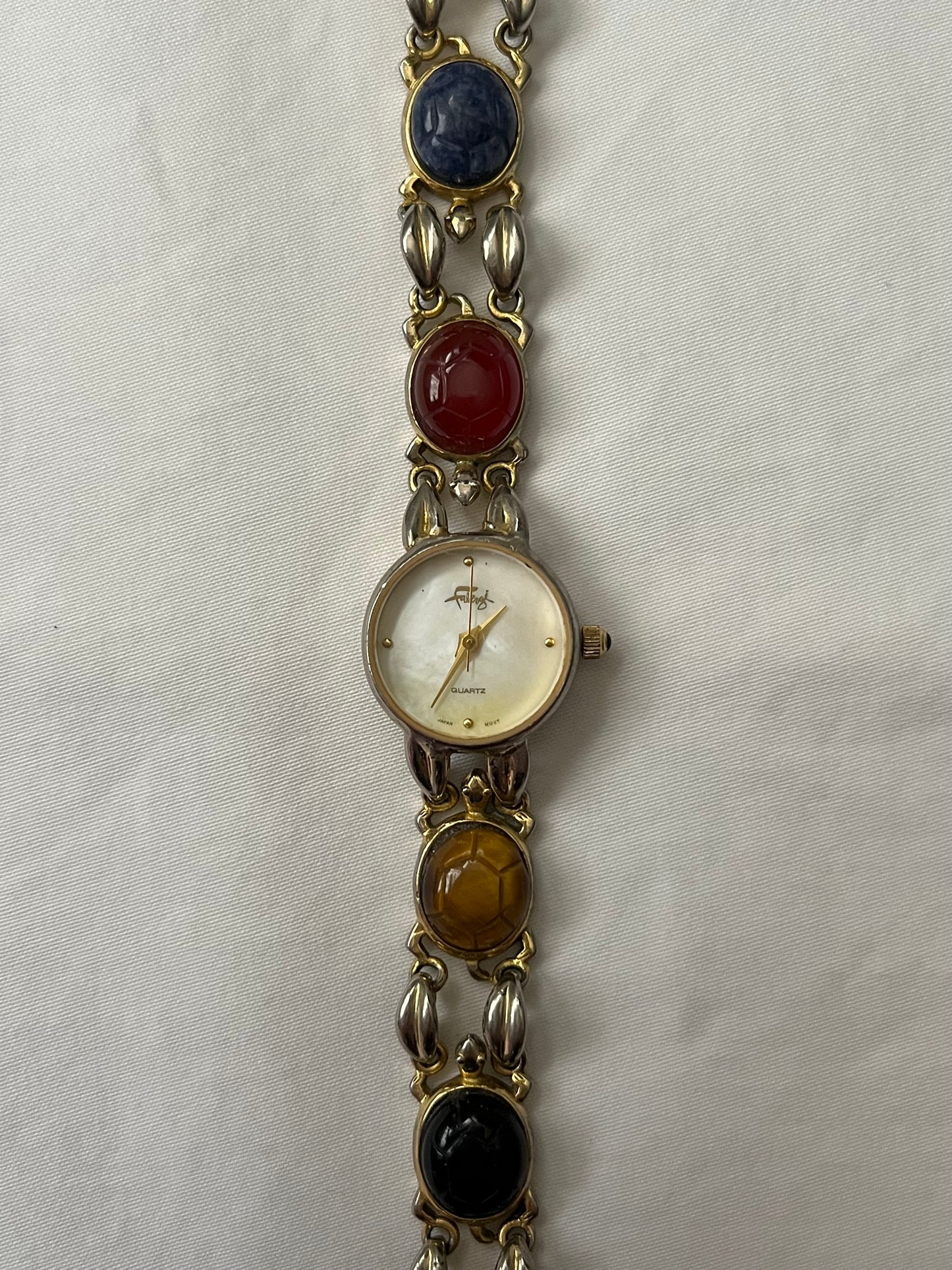 Unique Gold Tone Watch with Turtle Shell Carved Multi-Stones Band