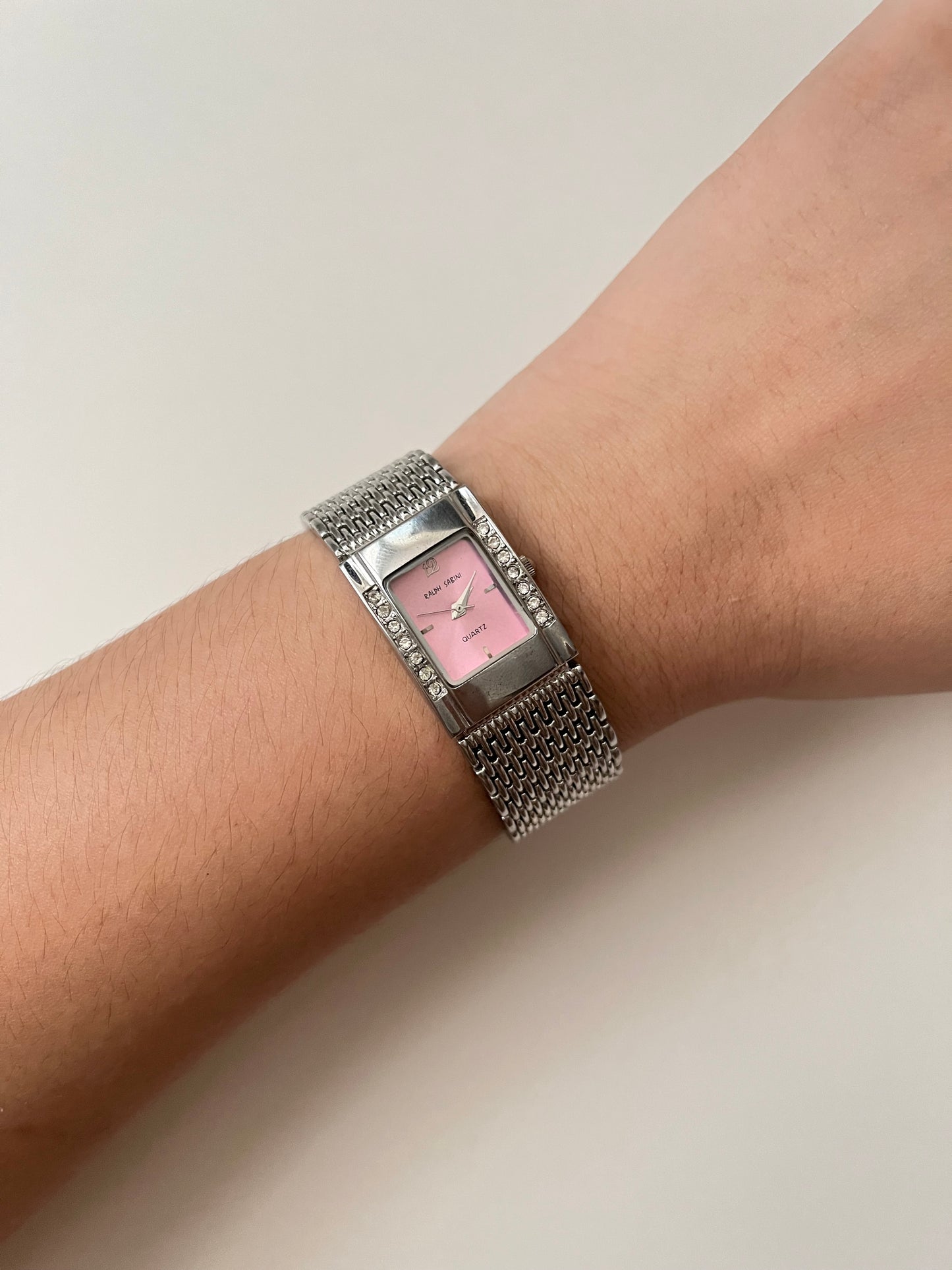 Silver Tone Statement Tank Style Watch with Pink Dial