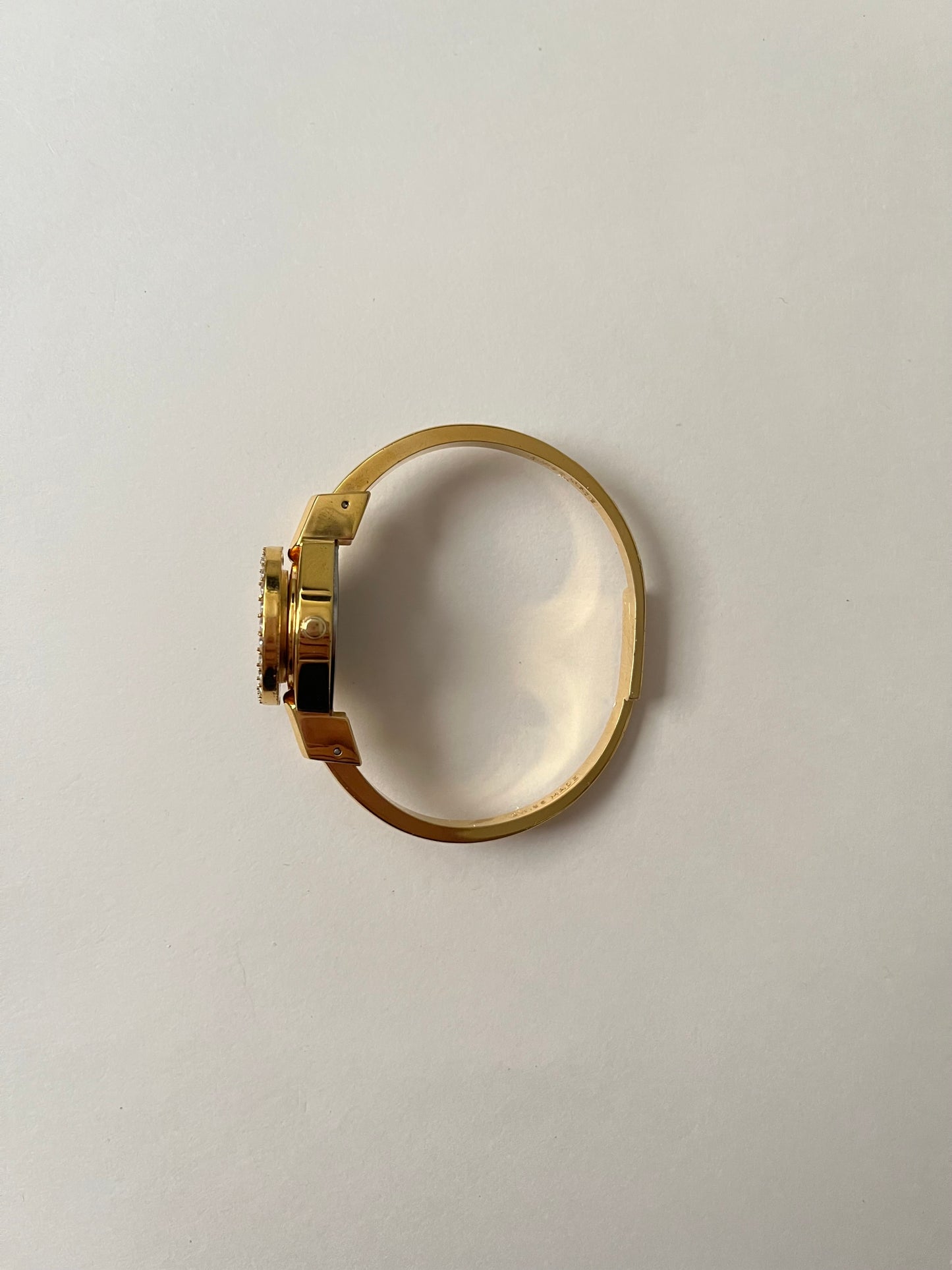 Beautiful Gold Tone Open Cuff Peekaboo Swiss Watch with Navy Floral Enameled Bracelet