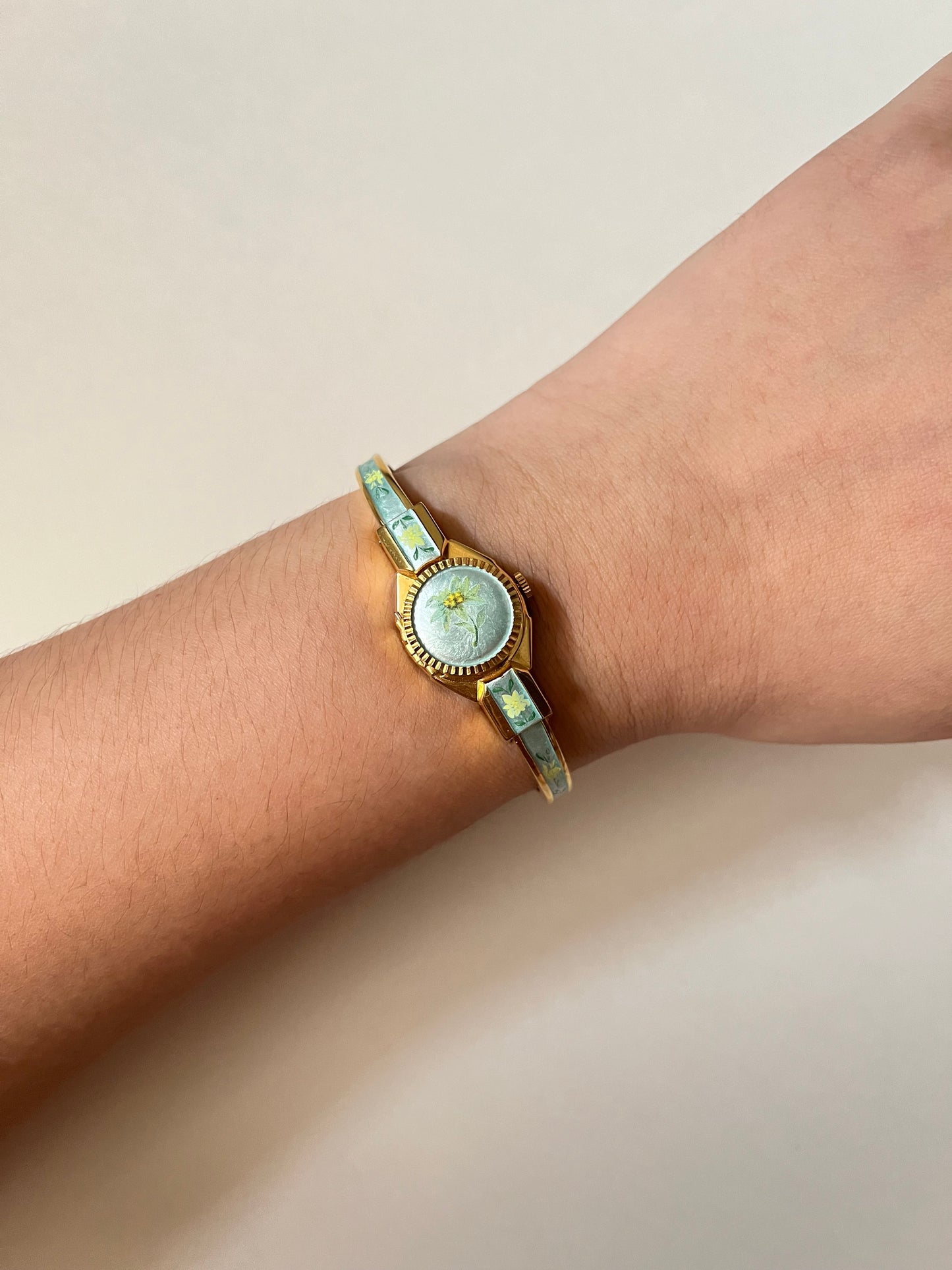 Beautiful Silver Tone Open Cuff Peekaboo Swiss Watch with Floral Green Enameled Bracelet