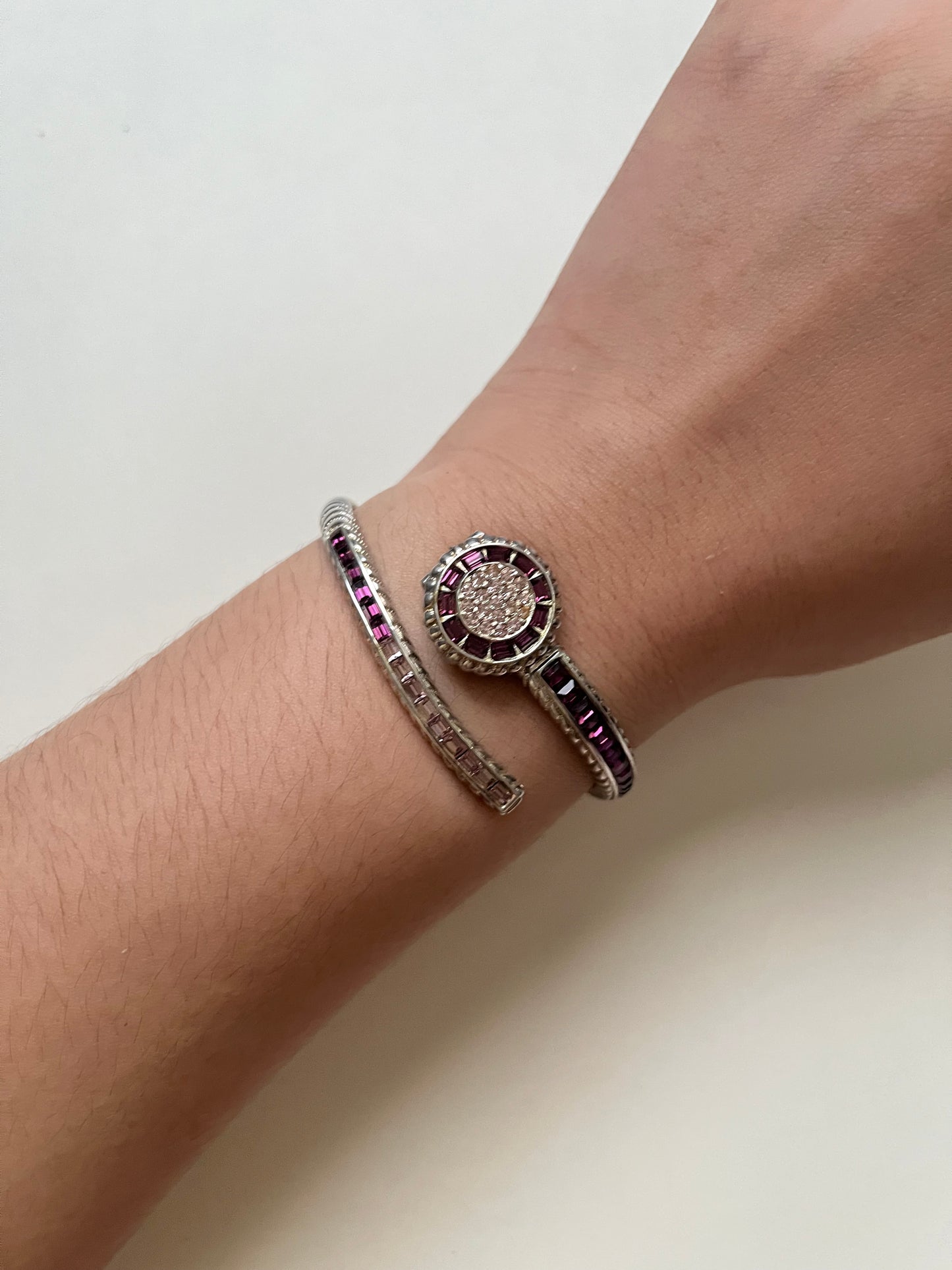 Very Unique Silver Tone Peekaboo Open Cuff Watch with Purple Stones Accent