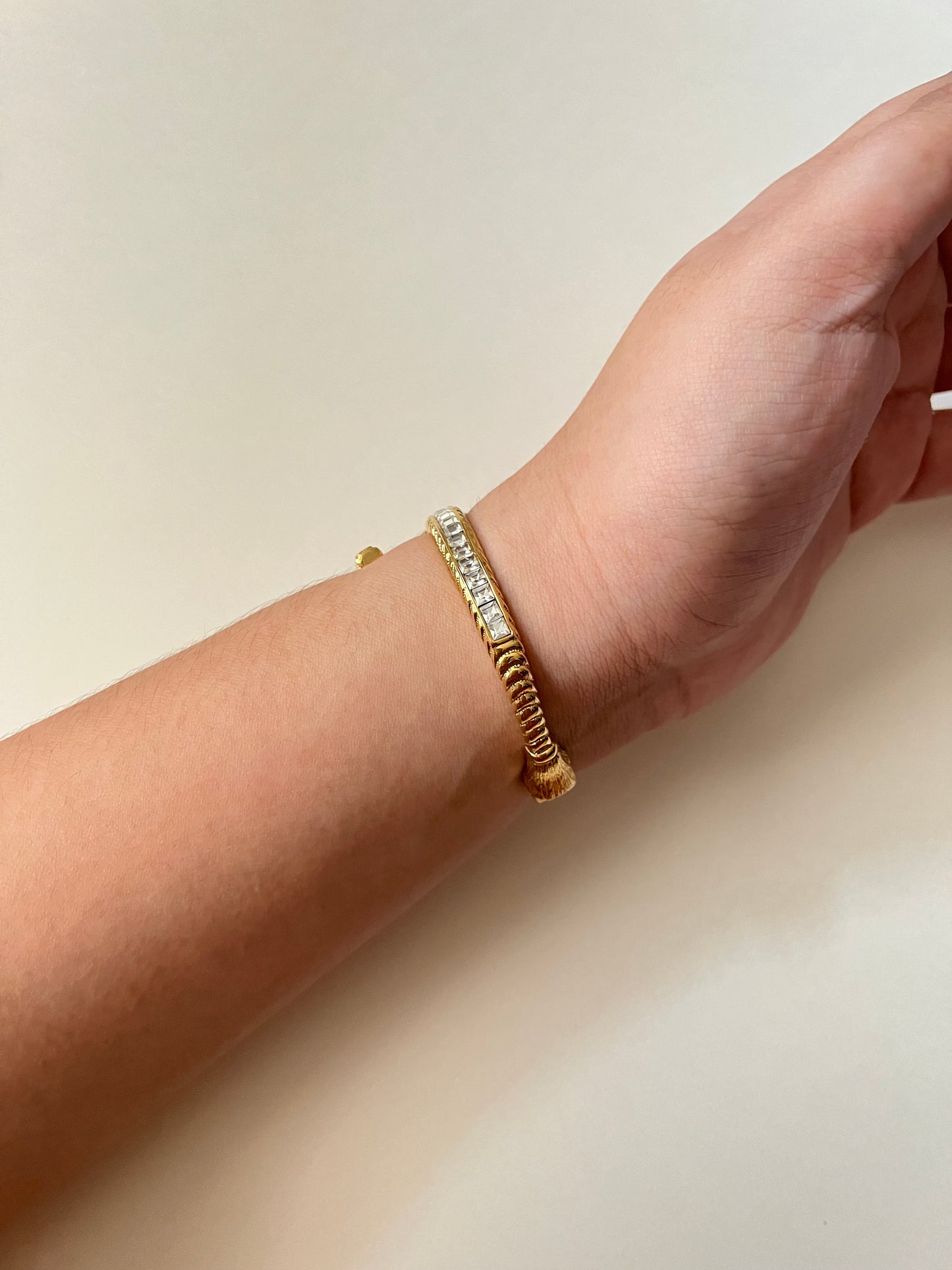 Very Unique 18K Gold Plated Peekaboo Open Cuff Watch with White Stones Accent