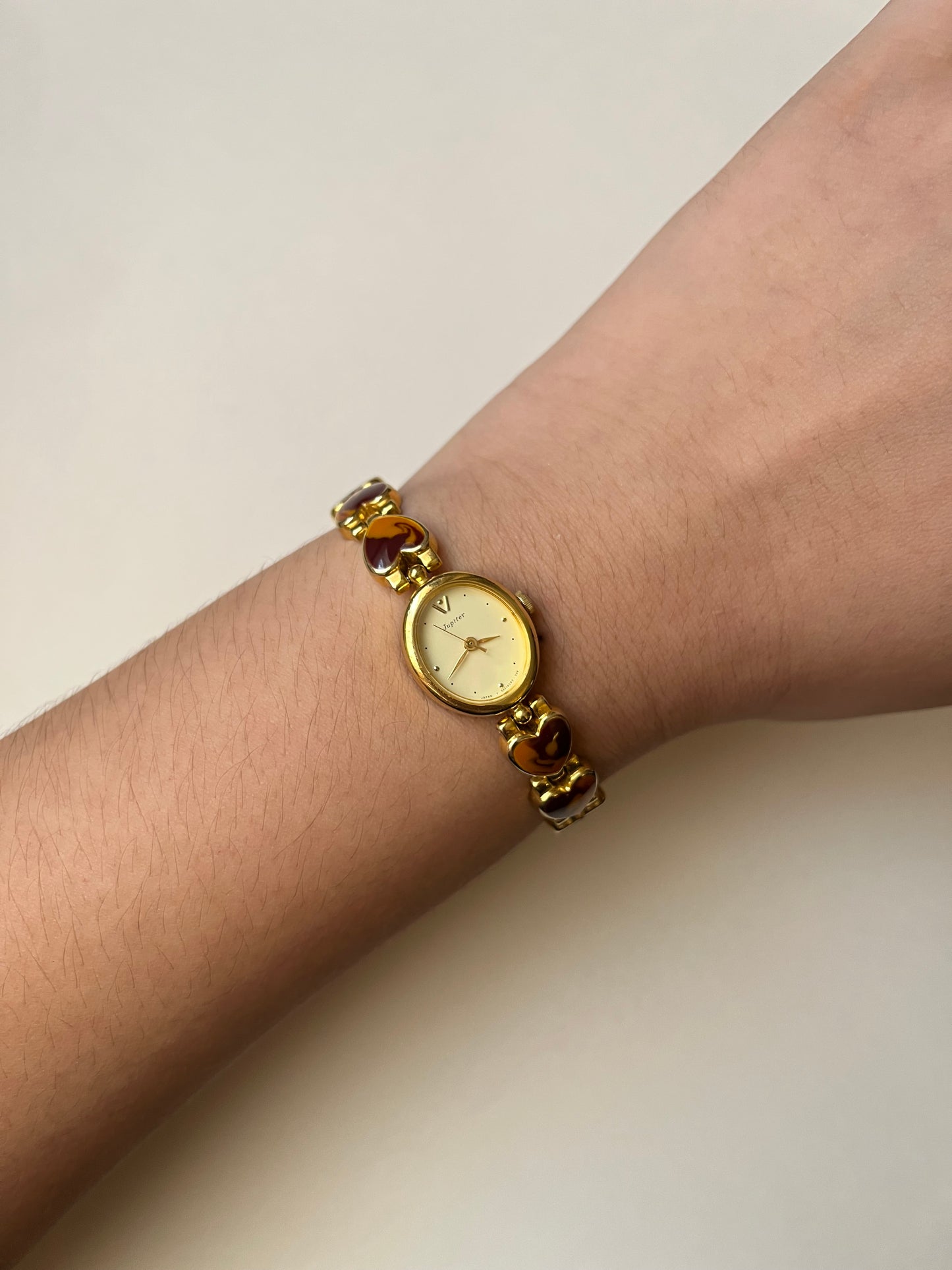 Extremely Rare Gold Tone Watch with Tortoise Shell Like Design and Heart Shaped Links