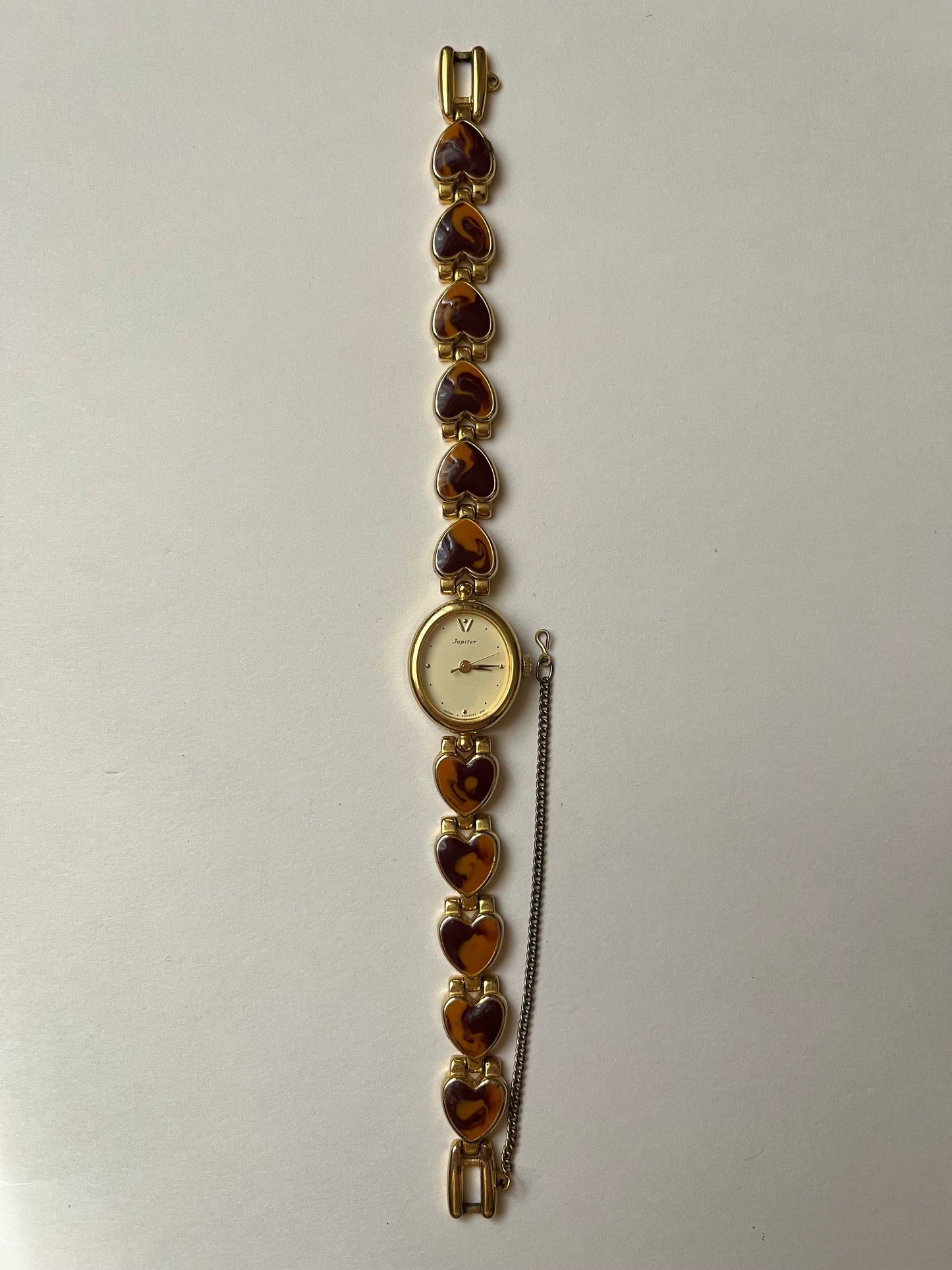 Extremely Rare Gold Tone Watch with Tortoise Shell Like Design and Heart Shaped Links