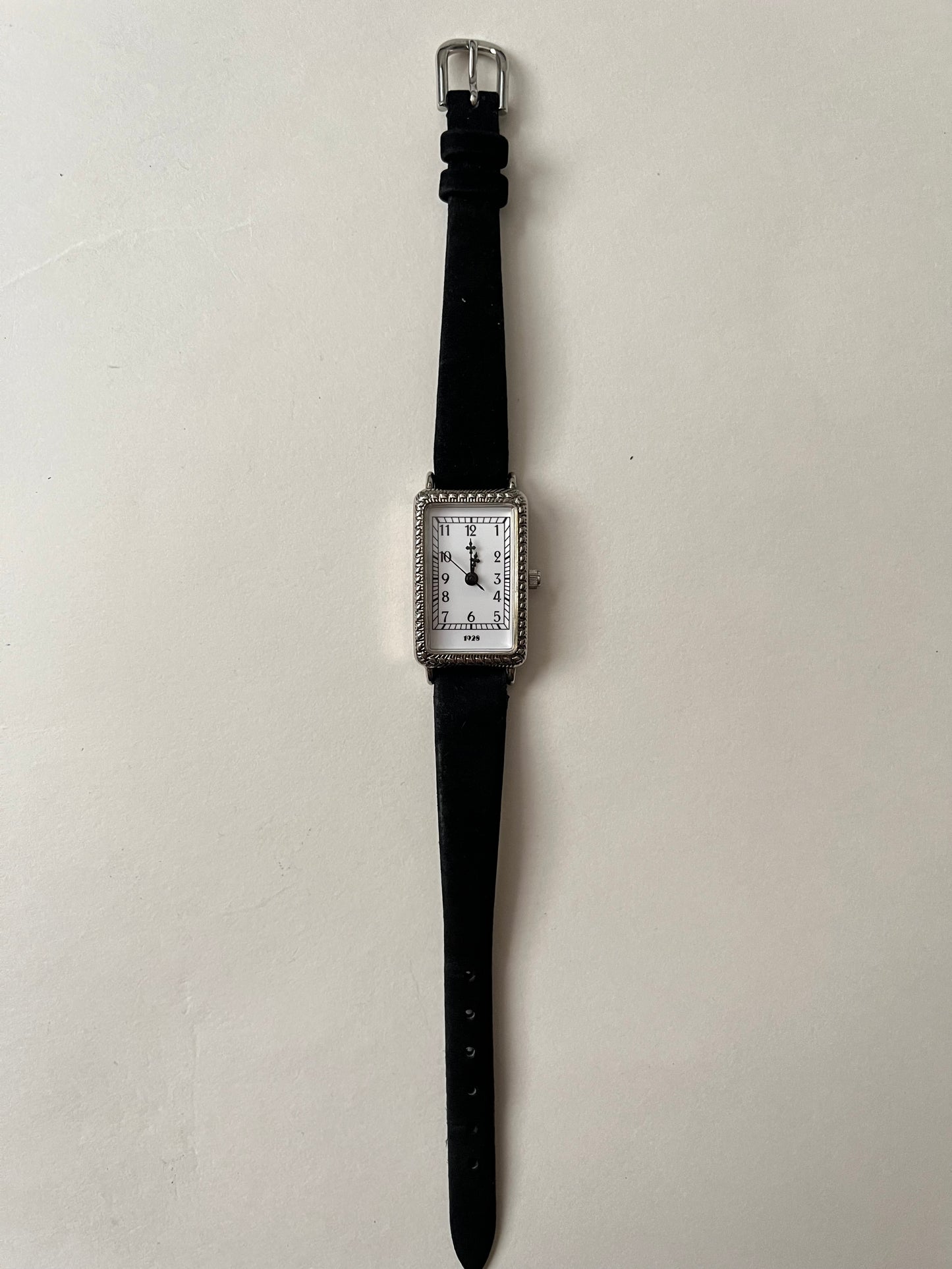 Silver Tone Art Deco Tank Style Leather Watch