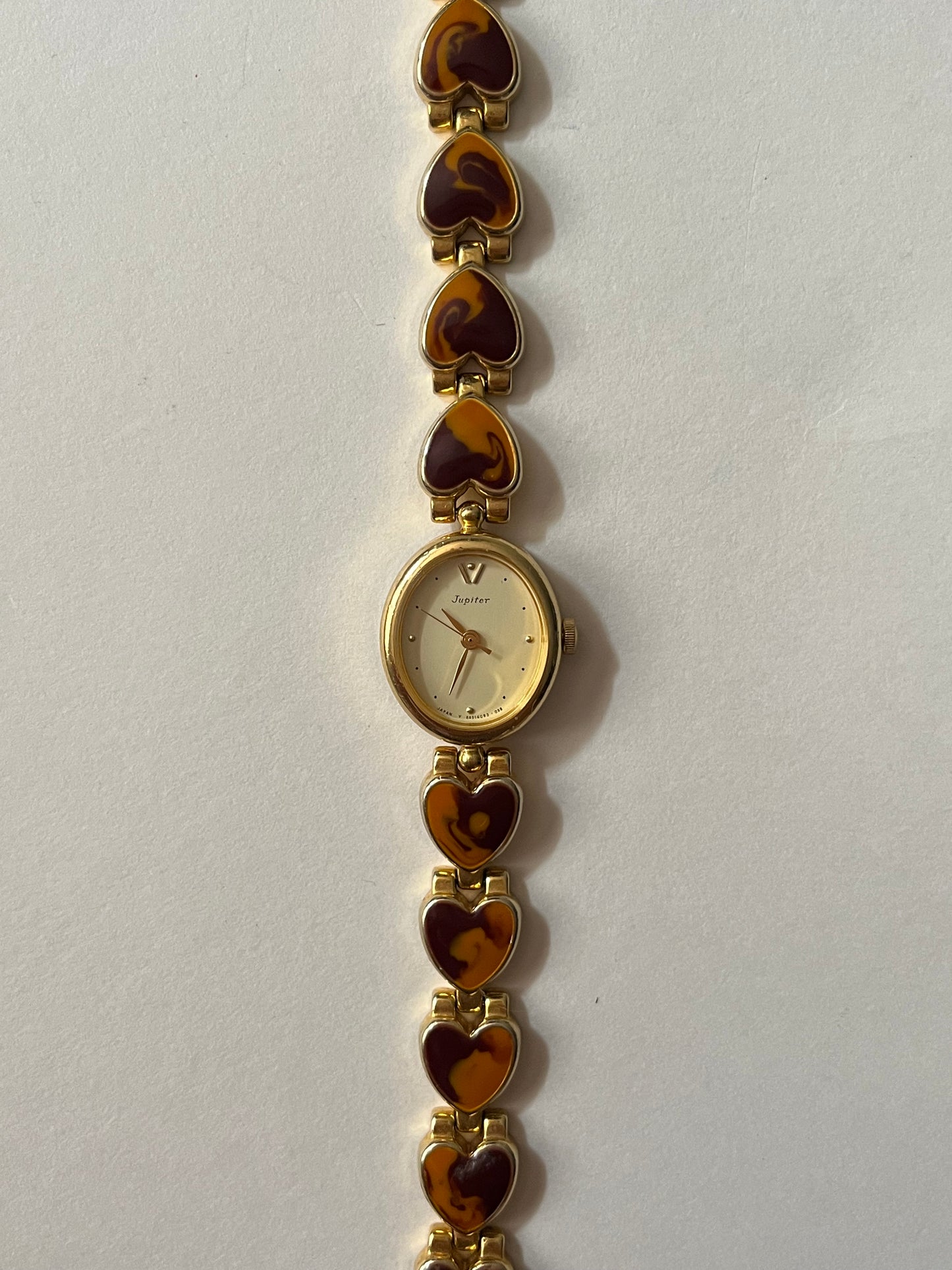 Extremely Rare Gold Tone Watch with Tortoise Shell Like Design and Heart Shaped Links