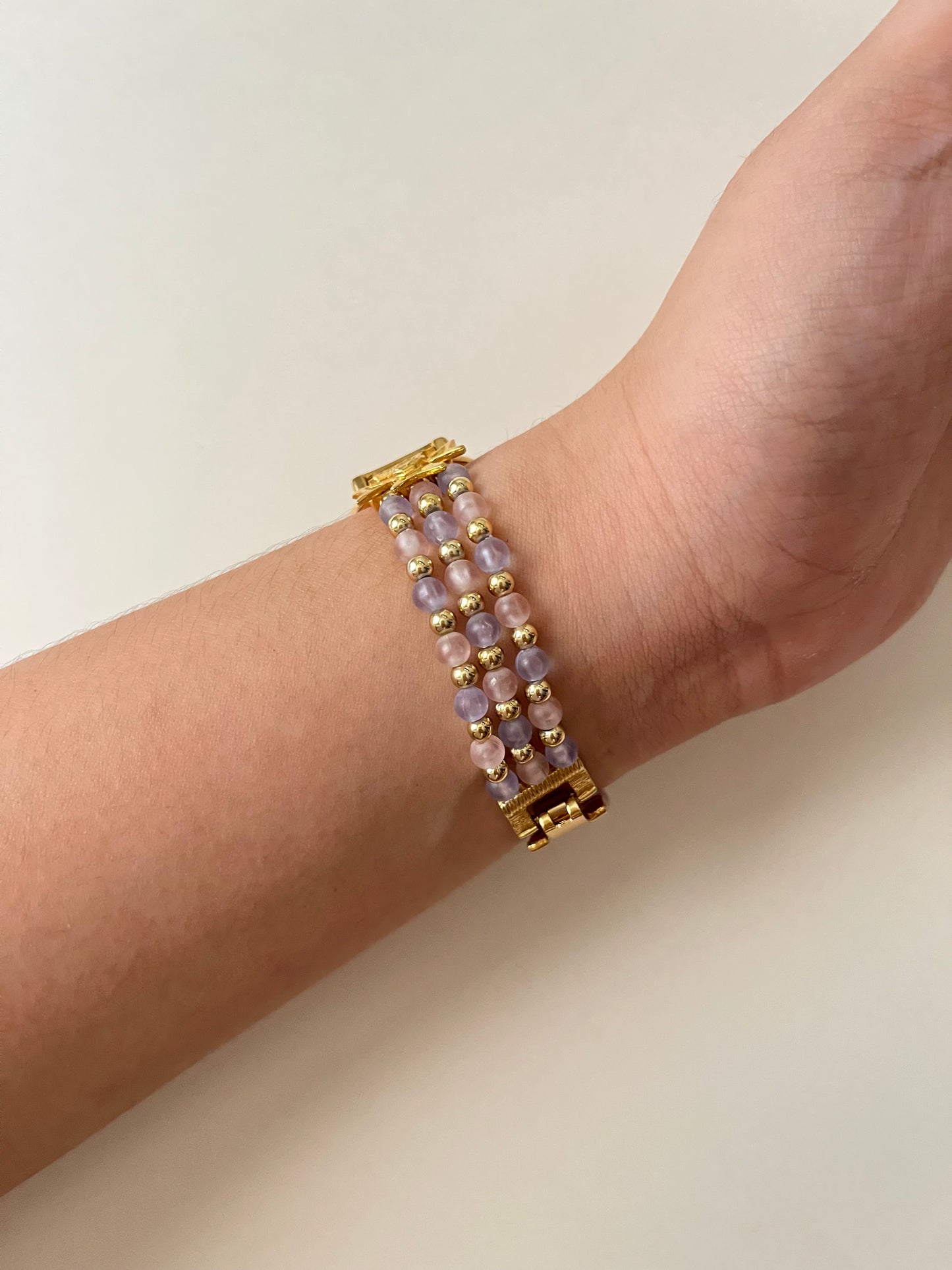 Adorable Gold Tone Watch with Pink and Purple Beaded Band