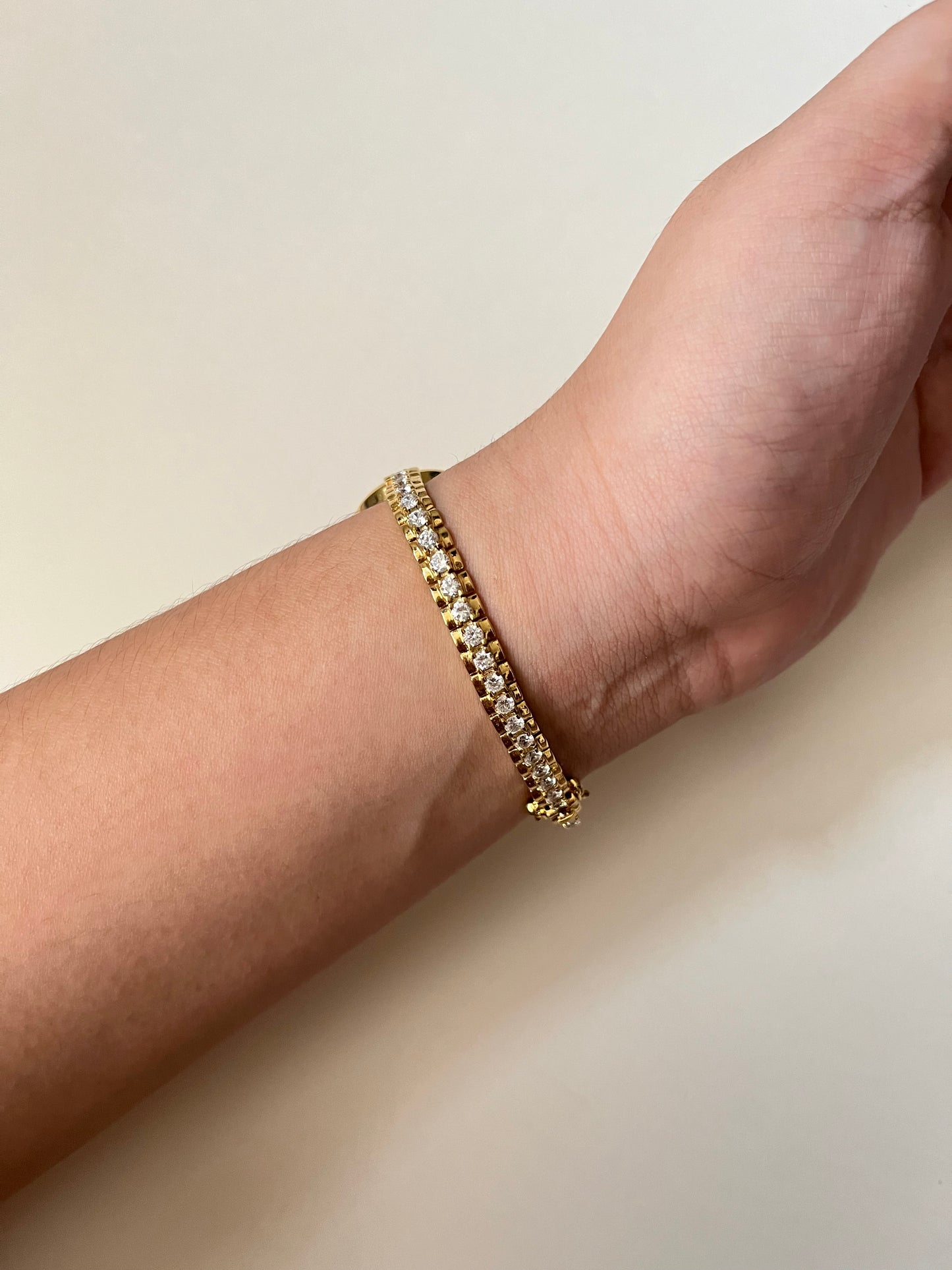 Gorgeous Tennis Bracelet Style Gold Tone Watch with Round Dial