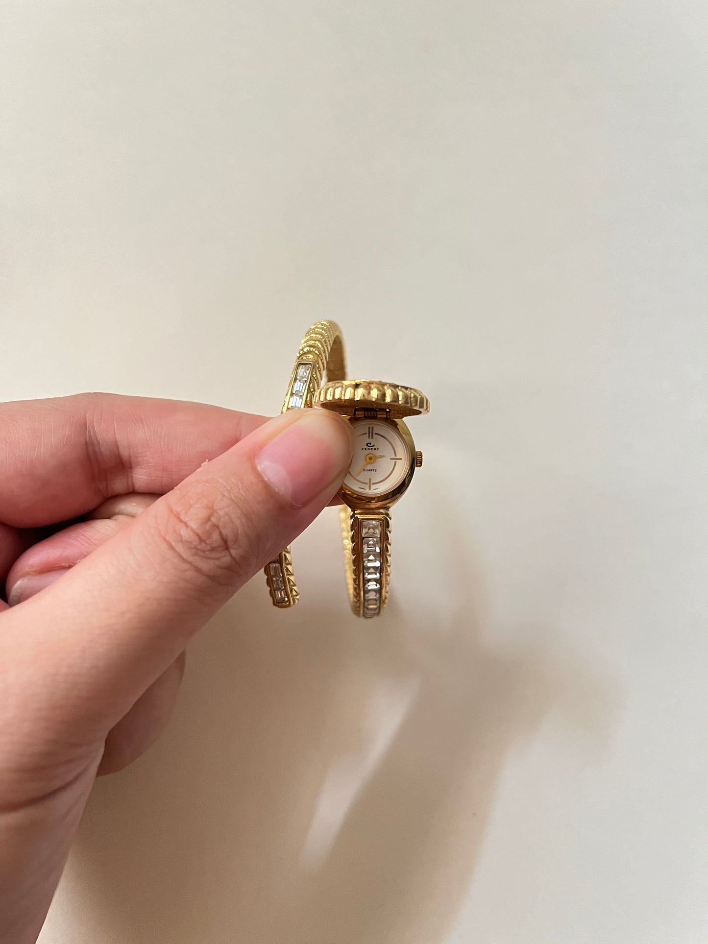 Very Unique 18K Gold Plated Peekaboo Open Cuff Watch with White Stones Accent
