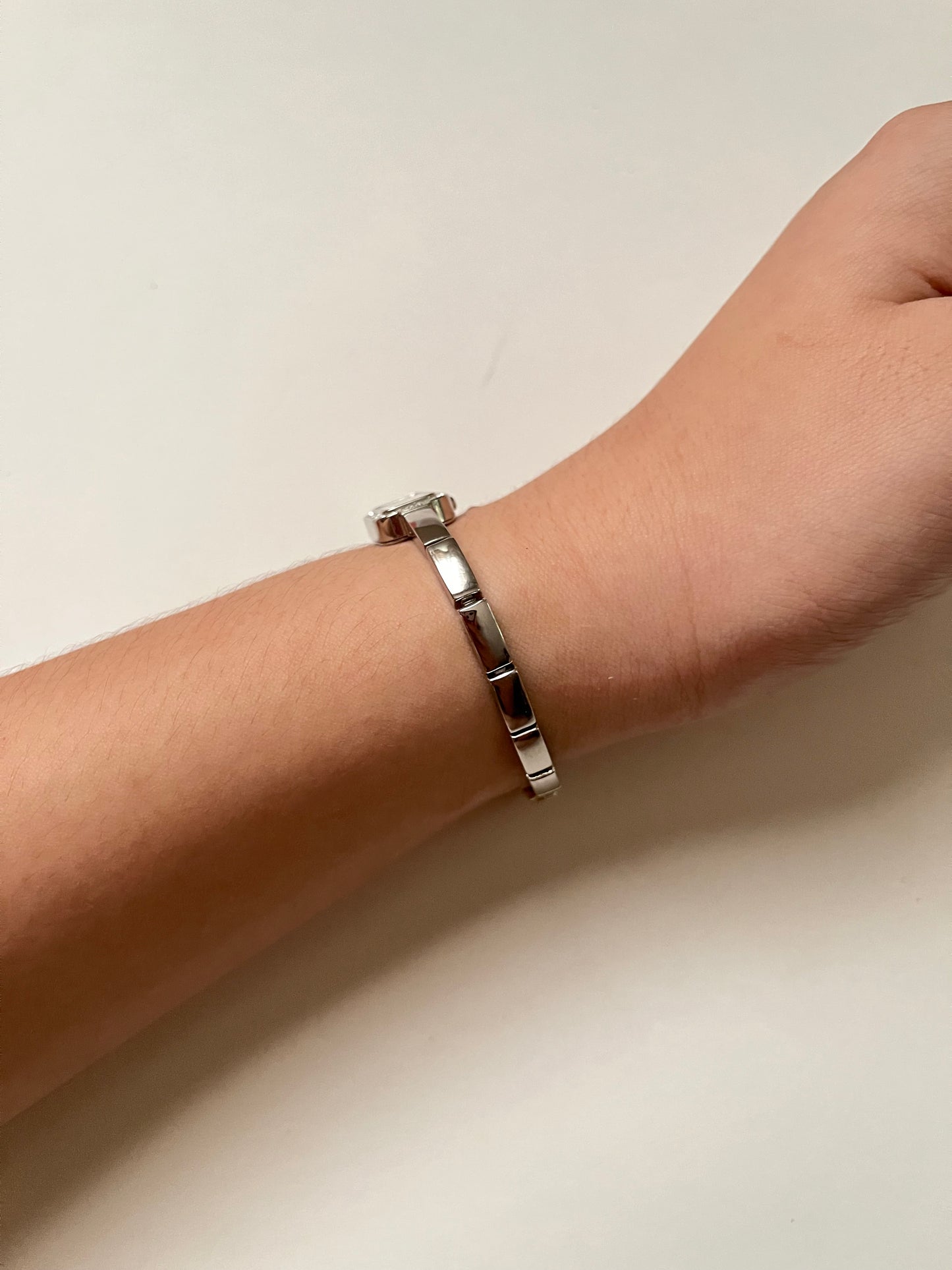 Lovely Dainty Silver Tone Anne Klein Watch with Crystal-Accented Rectangular Bezel