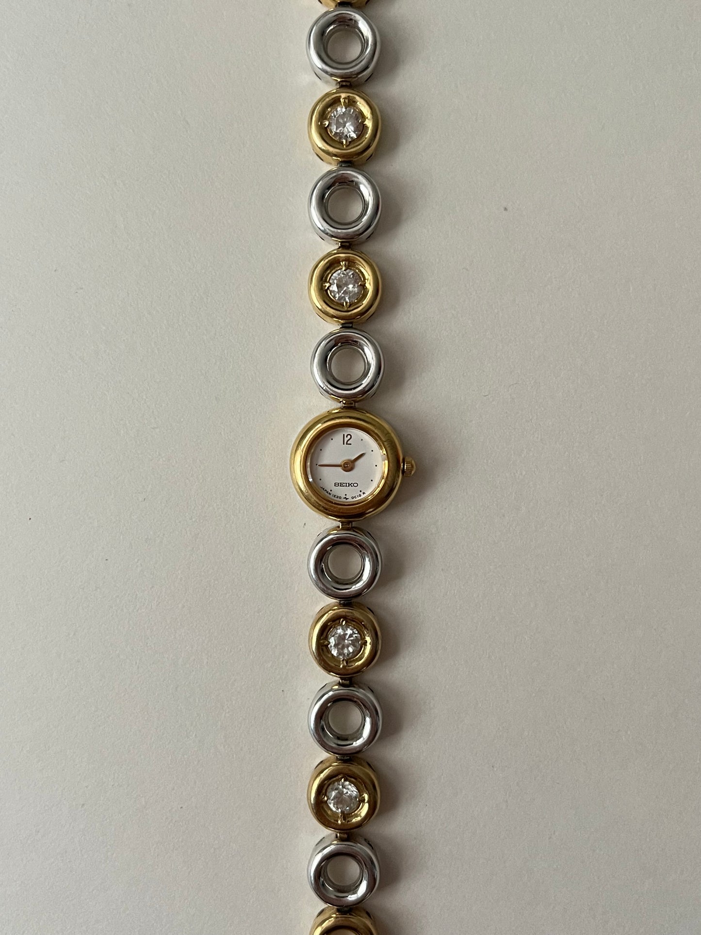 Very Rare and Gorgeous Two Toned Seiko Watch with Small Round Dial and Rhinestones Accent