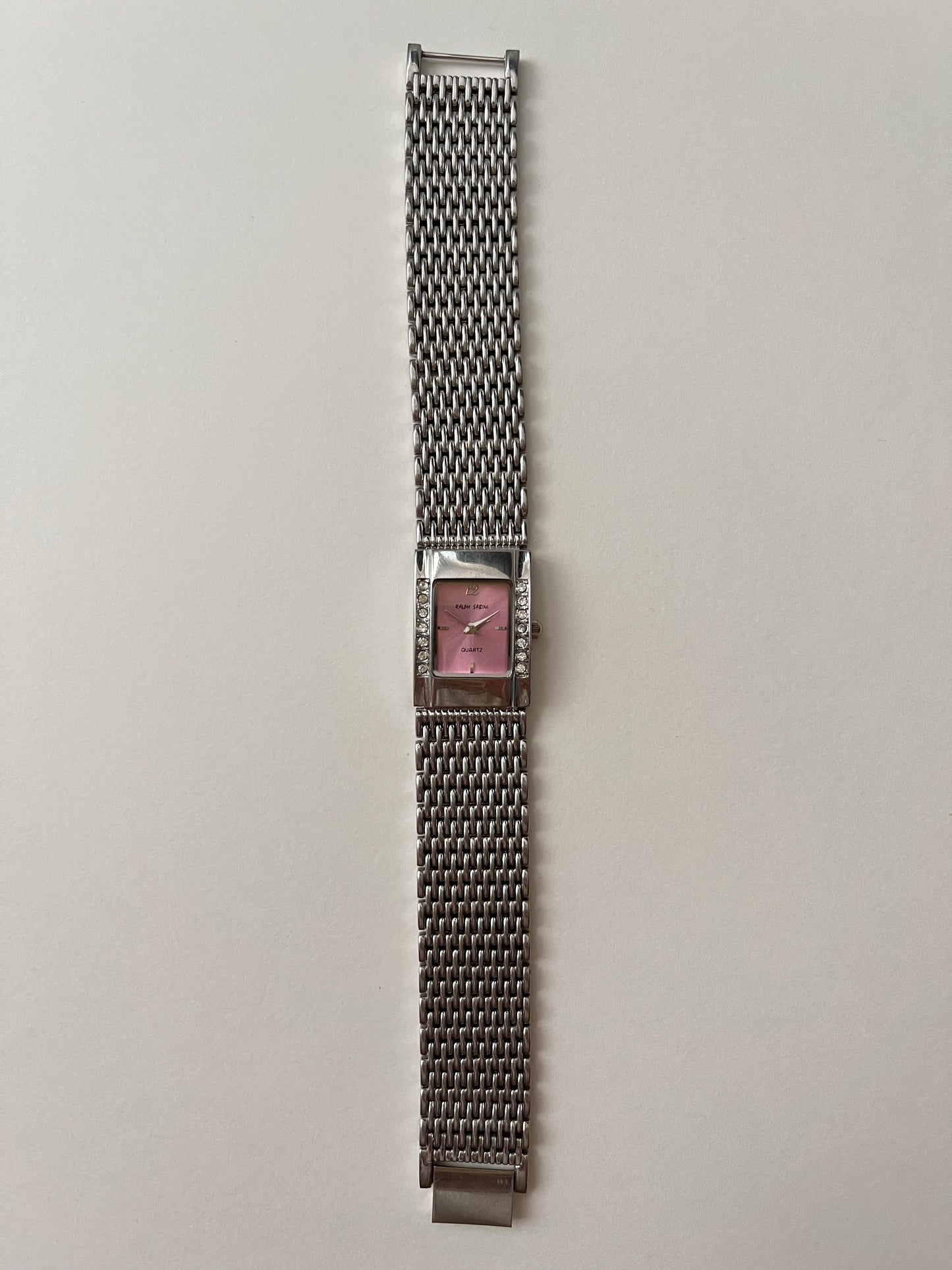 Silver Tone Statement Tank Style Watch with Pink Dial