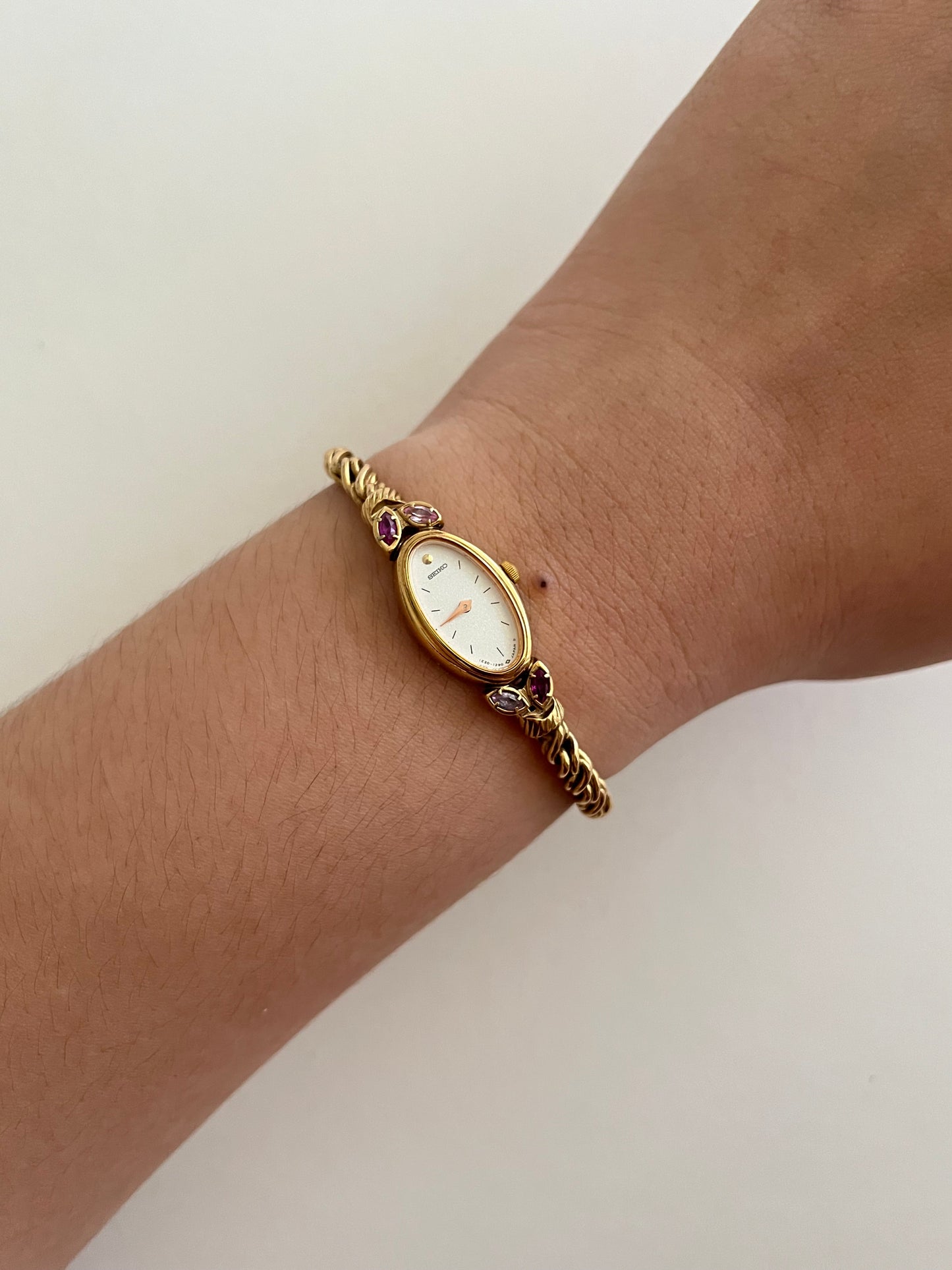 Rare Gold Tone Seiko Watch with Pink Stones and Rubies