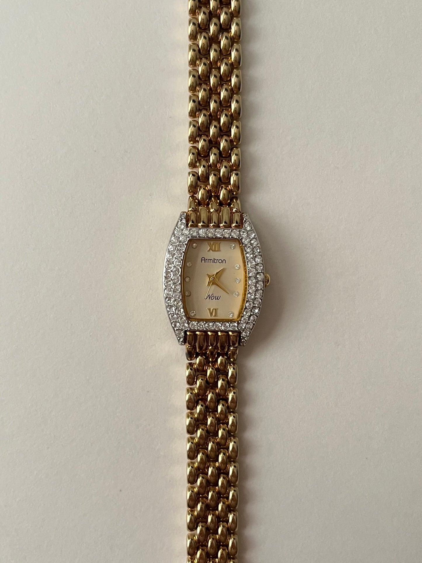 Stunning Gold Tone Watch with Rectangular Dial and Rhinestones Accent
