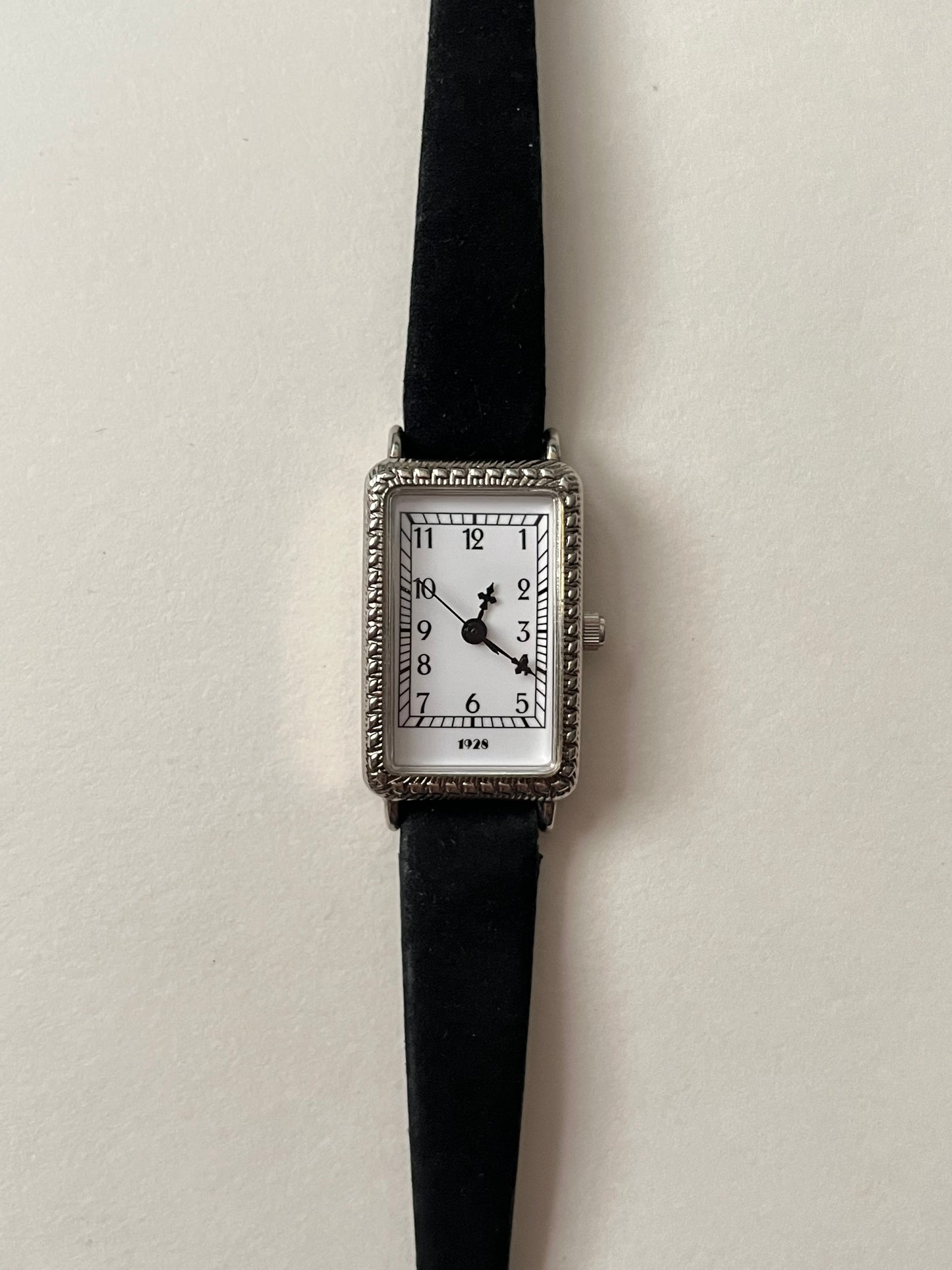 Silver Tone Art Deco Tank Style Leather Watch