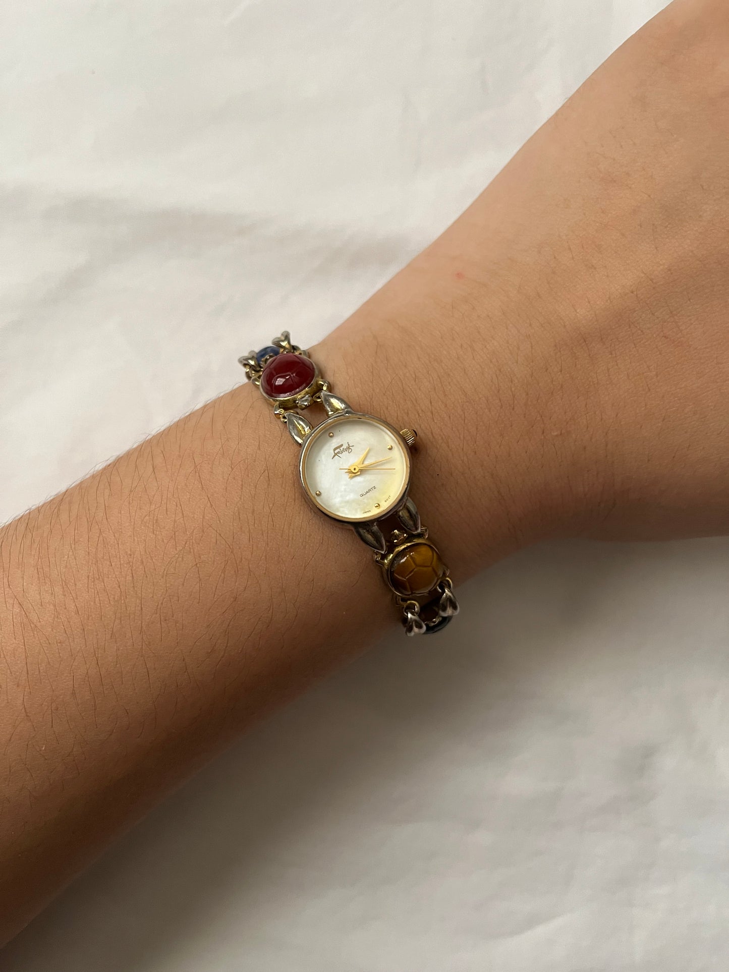 Unique Gold Tone Watch with Turtle Shell Carved Multi-Stones Band