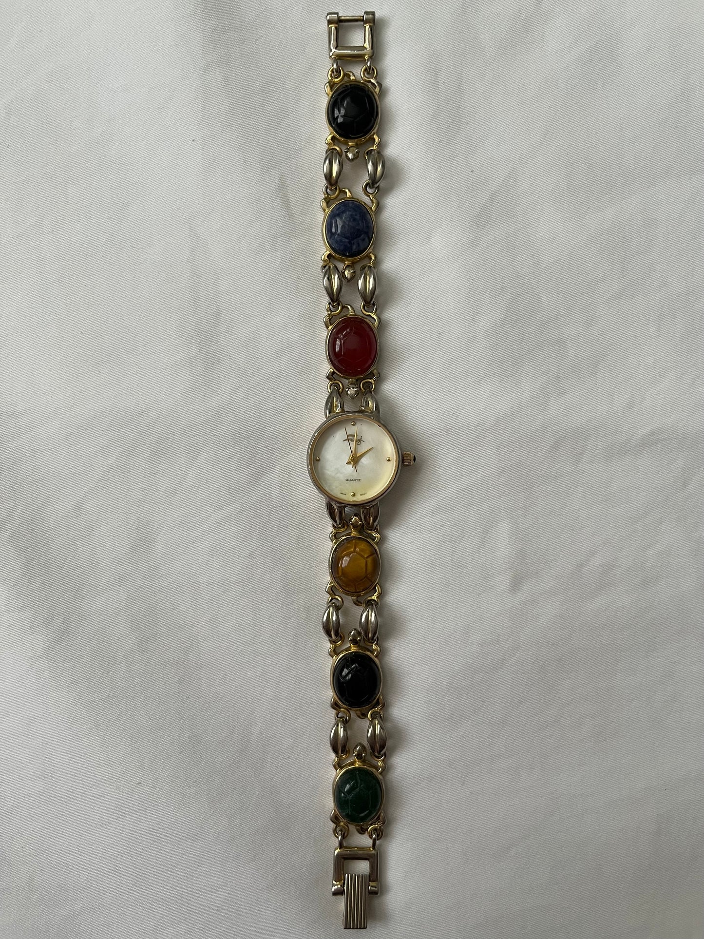 Unique Gold Tone Watch with Turtle Shell Carved Multi-Stones Band