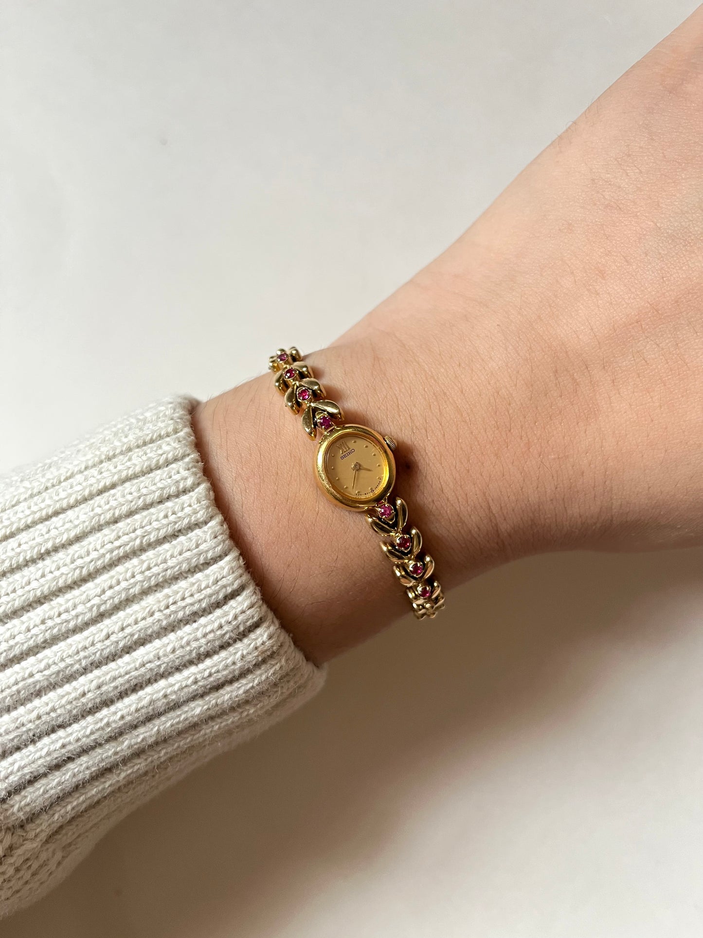 Absolutely Gorgeous and Extremely Rare Gold Tone Seiko Watch with Rubies Accent