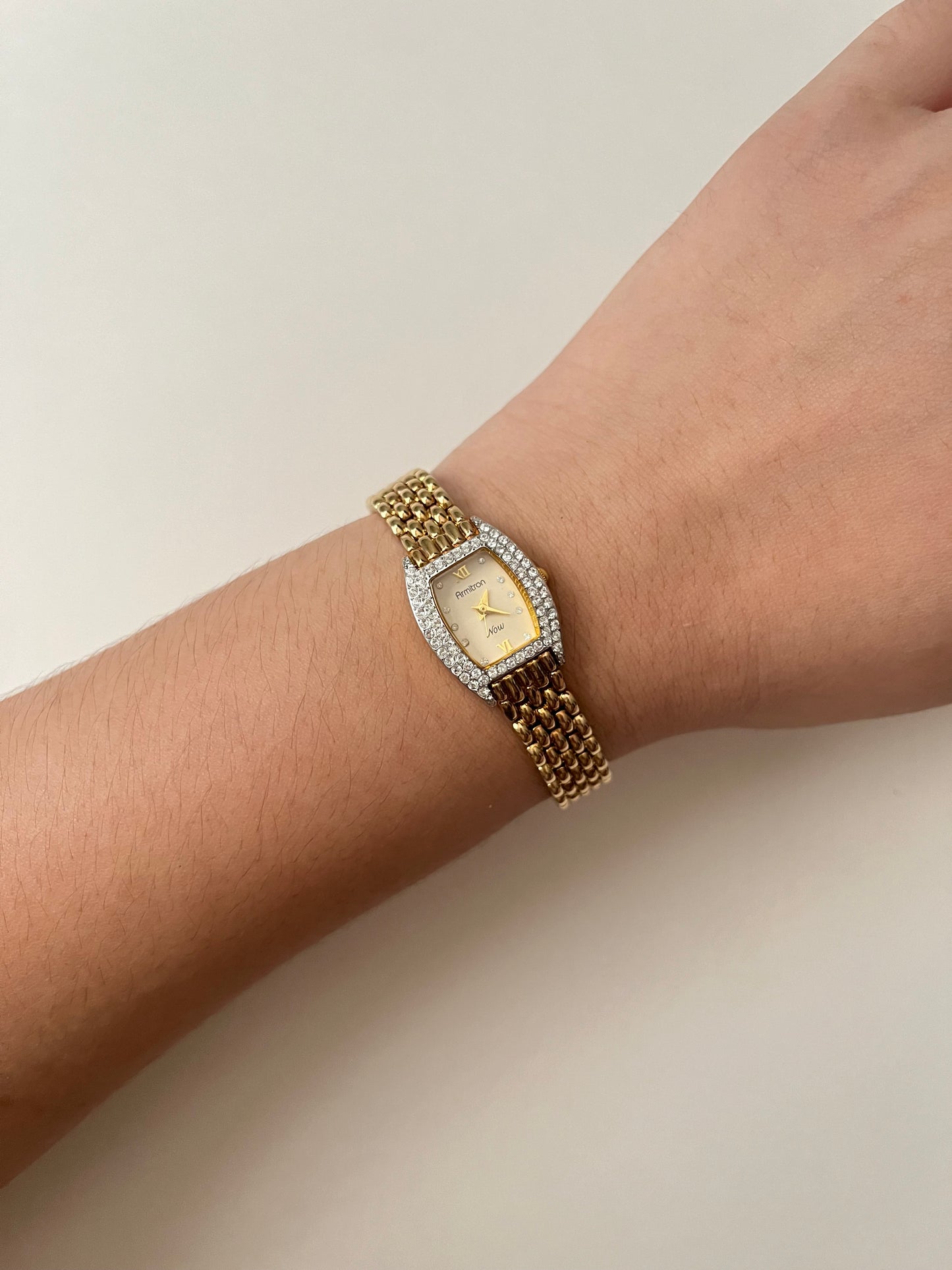 Stunning Gold Tone Watch with Rectangular Dial and Rhinestones Accent