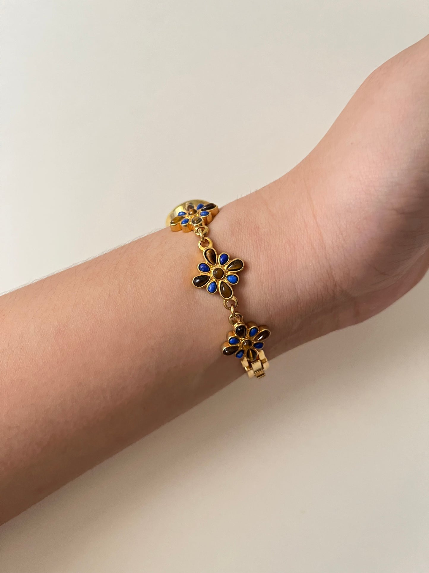 Adorable Gold Tone Watch with Lapis Lazuli and Tiger's Eye Stones Accent