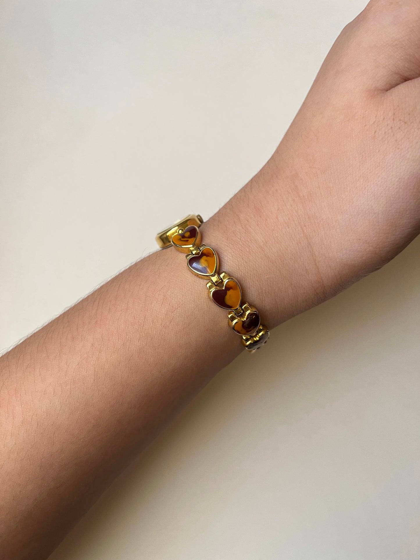 Extremely Rare Gold Tone Watch with Tortoise Shell Like Design and Heart Shaped Links