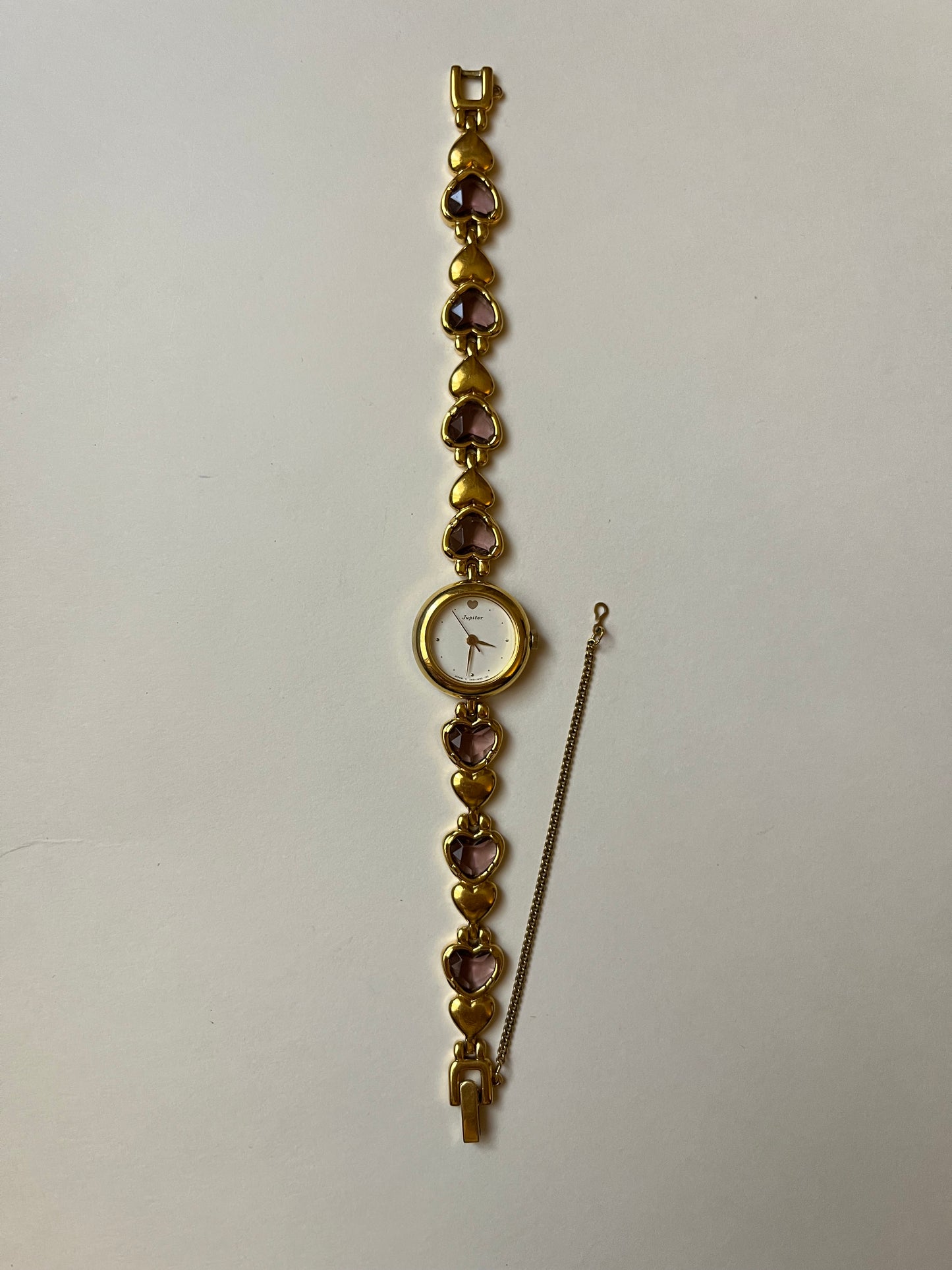 Extremely Rare Gold Tone Watch with Purple Crystals and Heart Shaped Links