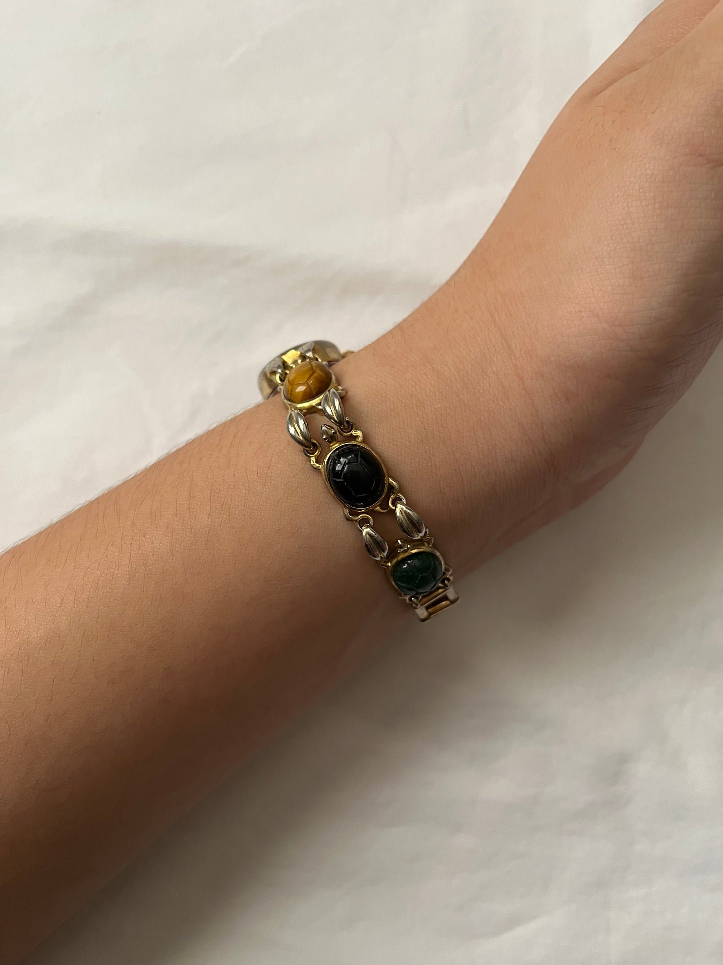 Unique Gold Tone Watch with Turtle Shell Carved Multi-Stones Band