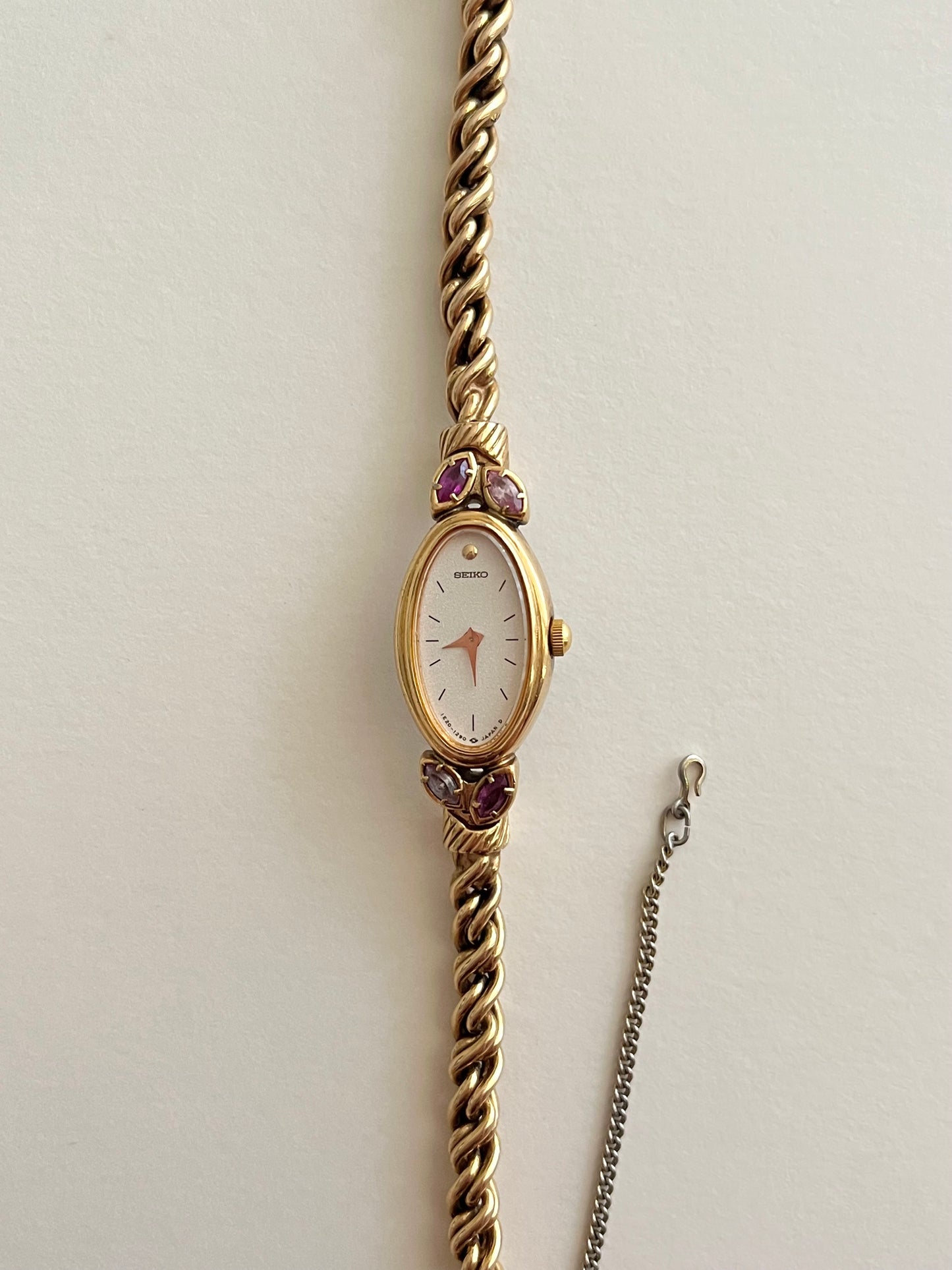 Rare Gold Tone Seiko Watch with Pink Stones and Rubies