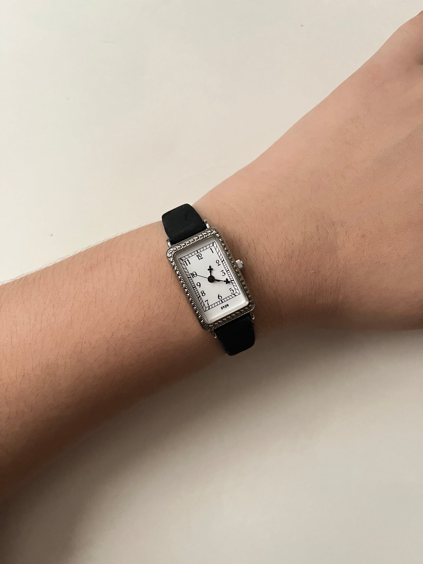 Silver Tone Art Deco Tank Style Leather Watch