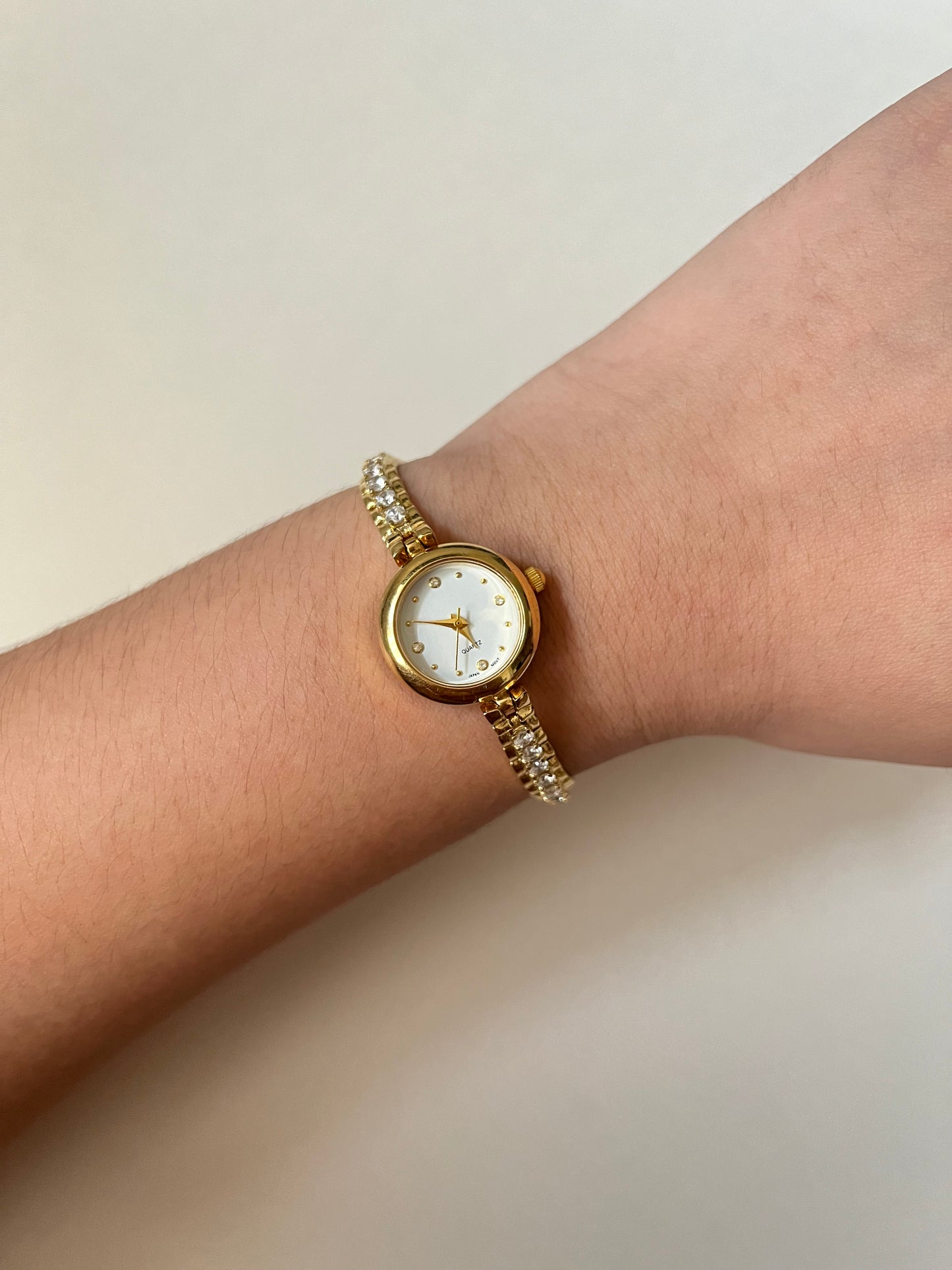 Gorgeous Tennis Bracelet Style Gold Tone Watch with Round Dial