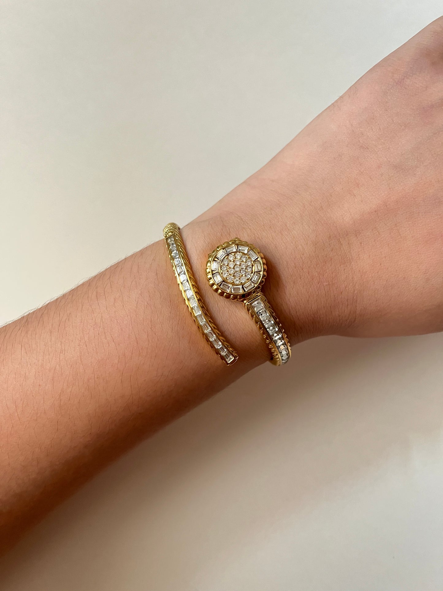 Very Unique 18K Gold Plated Peekaboo Open Cuff Watch with White Stones Accent
