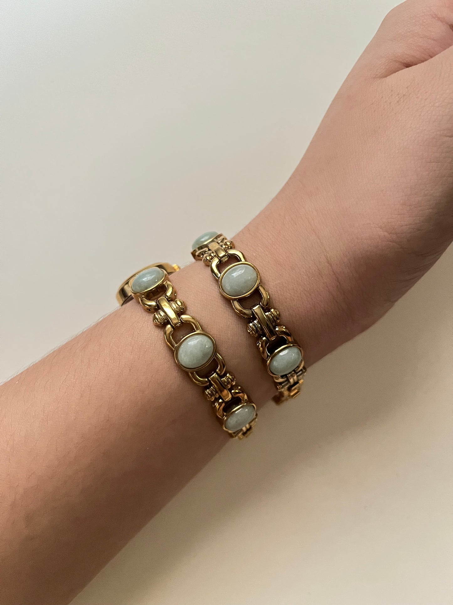 Absolutely Stunning Gold Tone Watch and Jewelry Box Set with Inlaid Jade Stones