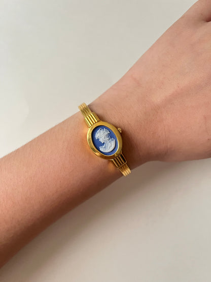 Beautiful Gold Tone Open Cuff Cameo Peekaboo Swiss Watch