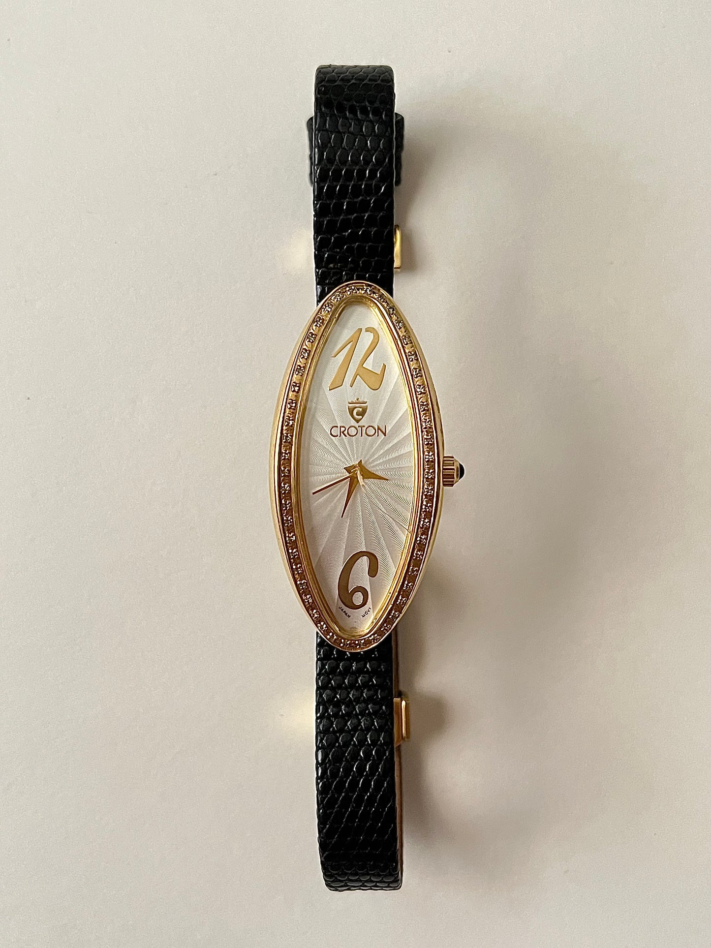Extremely Rare Gold Tone Diamond Case Croton Leather Watch (A Cartier Baignoire Allongée Homage)