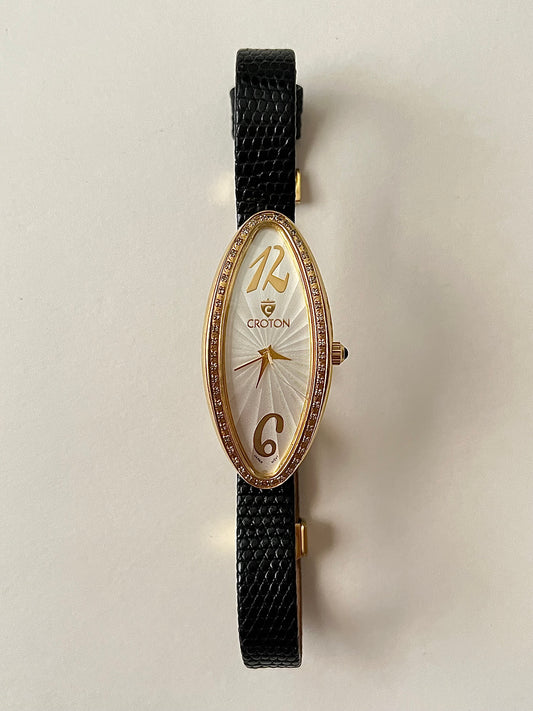 Extremely Rare Gold Tone Diamond Case Croton Leather Watch (A Cartier Baignoire Allongée Homage)
