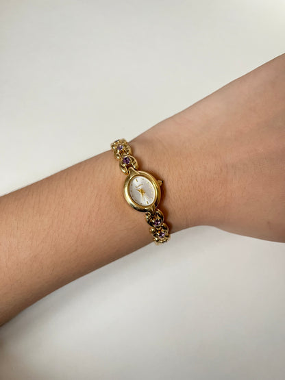 Beautiful Rare Gold Tone Watch with Amethyst Stones Accent