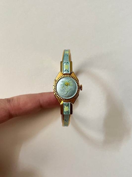 Beautiful Silver Tone Open Cuff Peekaboo Swiss Watch with Floral Green Enameled Bracelet