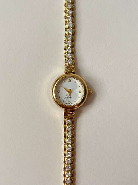 Gorgeous Tennis Bracelet Style Gold Tone Watch with Round Dial