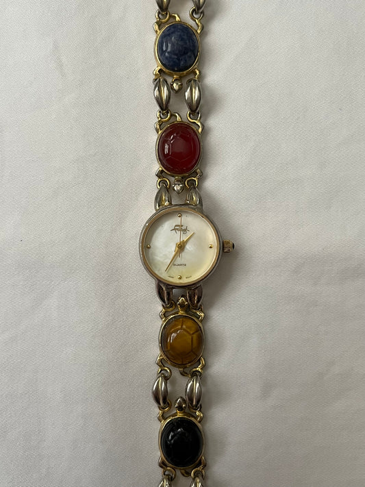 Unique Gold Tone Watch with Turtle Shell Carved Multi-Stones Band