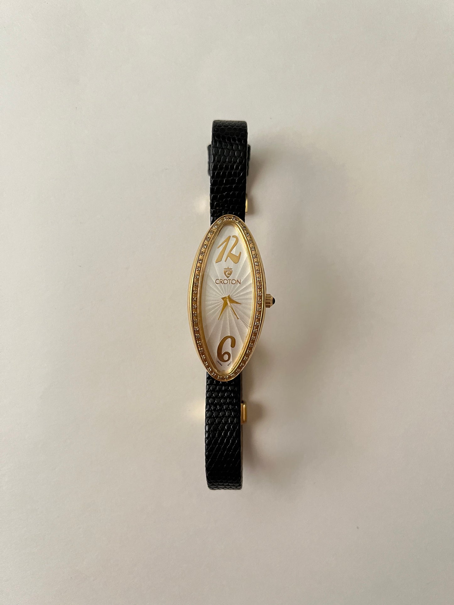 Extremely Rare Gold Tone Diamond Case Croton Leather Watch (A Cartier Baignoire Allongée Homage)