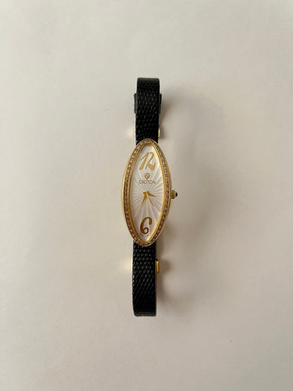 Extremely Rare Gold Tone Diamond Case Croton Leather Watch (A Cartier Baignoire Allongée Homage)
