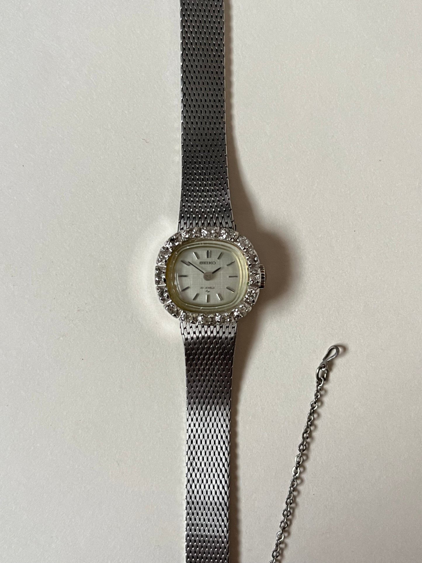 Extremely Rare Vintage White Gold Plated Seiko Self-Winding Mechanical Watch with White Stones Accent