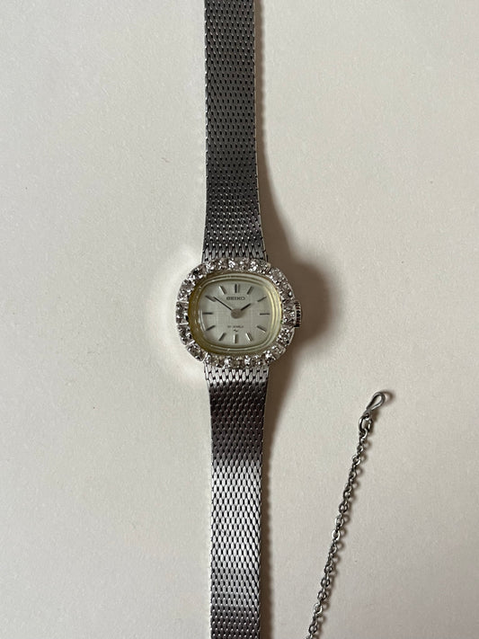 Extremely Rare Vintage White Gold Plated Seiko Self-Winding Mechanical Watch with White Stones Accent