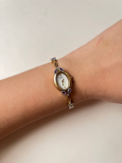 Gorgeous And Dainty Rare Gold Tone Anne Klein Watch with Purple Stones Accent