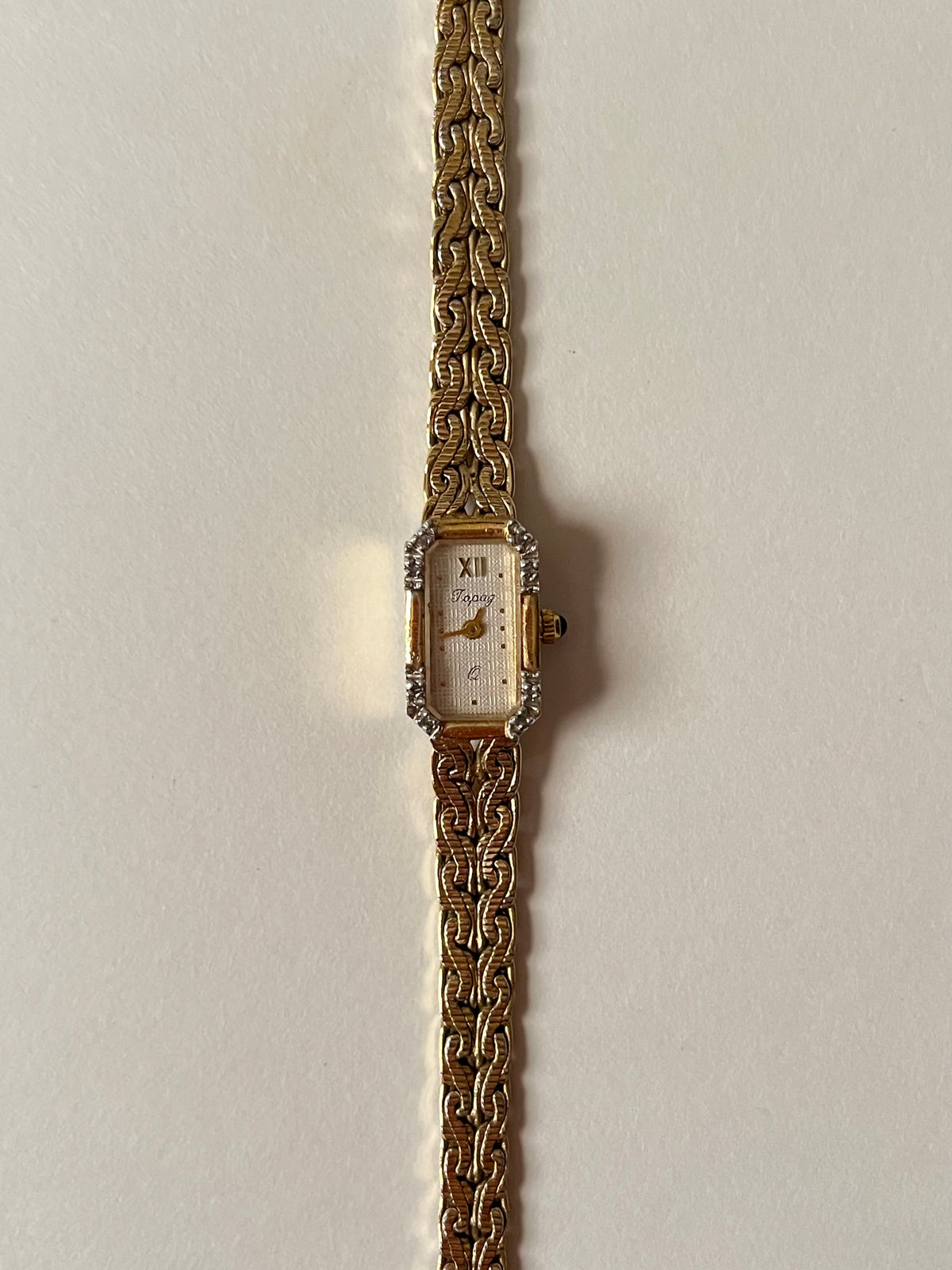 Rare Dainty Vintage Gold Tone Cocktail Dress Watch with Rectangular Dial and Diamonds Accent