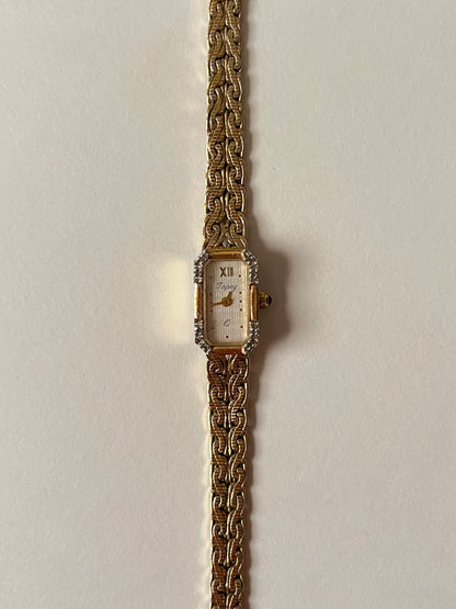 Rare Dainty Vintage Gold Tone Cocktail Dress Watch with Rectangular Dial and Diamonds Accent