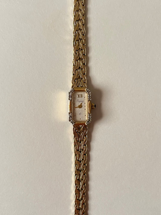 Rare Dainty Vintage Gold Tone Cocktail Dress Watch with Rectangular Dial and Diamonds Accent